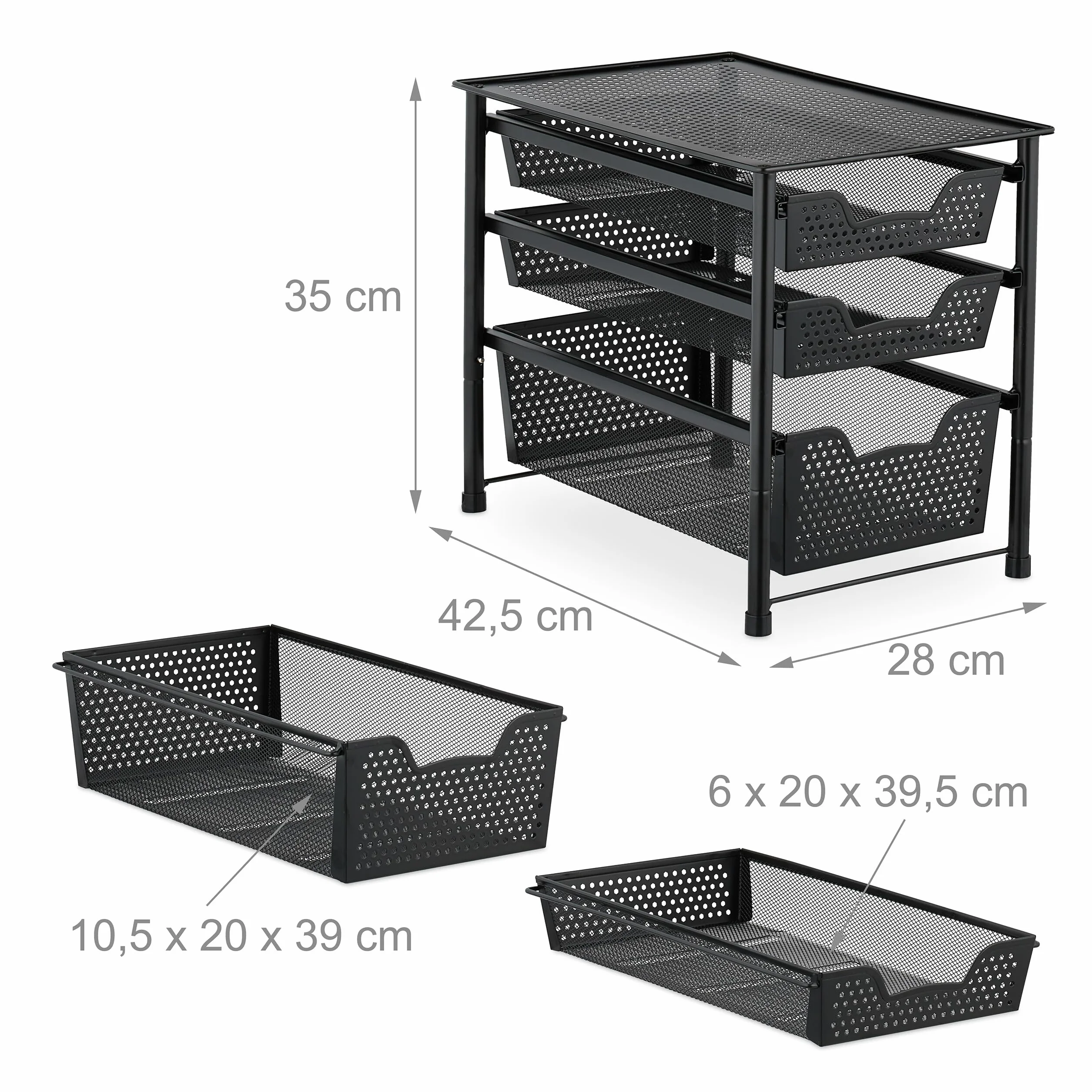 Relaxdays Regał z szufladami, organizer biurowy z możliwością układania w stos, 3 kosze wysuwane, metal, kuchnia, łazienka, wys. x gł.: 35 x 28 x 42,5 cm, czarny