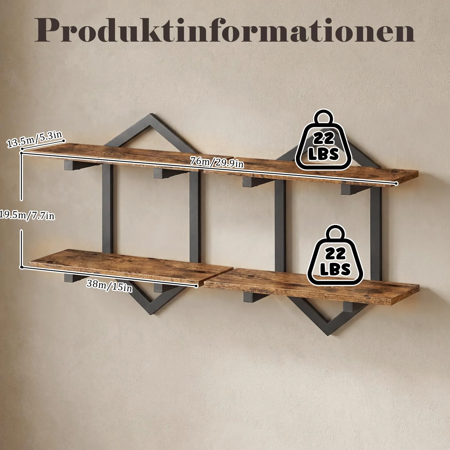 Zestaw 2 półek ściennych z drewna i metalu, regał wiszący w romby, dekoracyjny regał na ściany, styl vintage, regał wiszący do salonu, sypialni, kuchni i biura – regał ścienny, czarny, metalowy