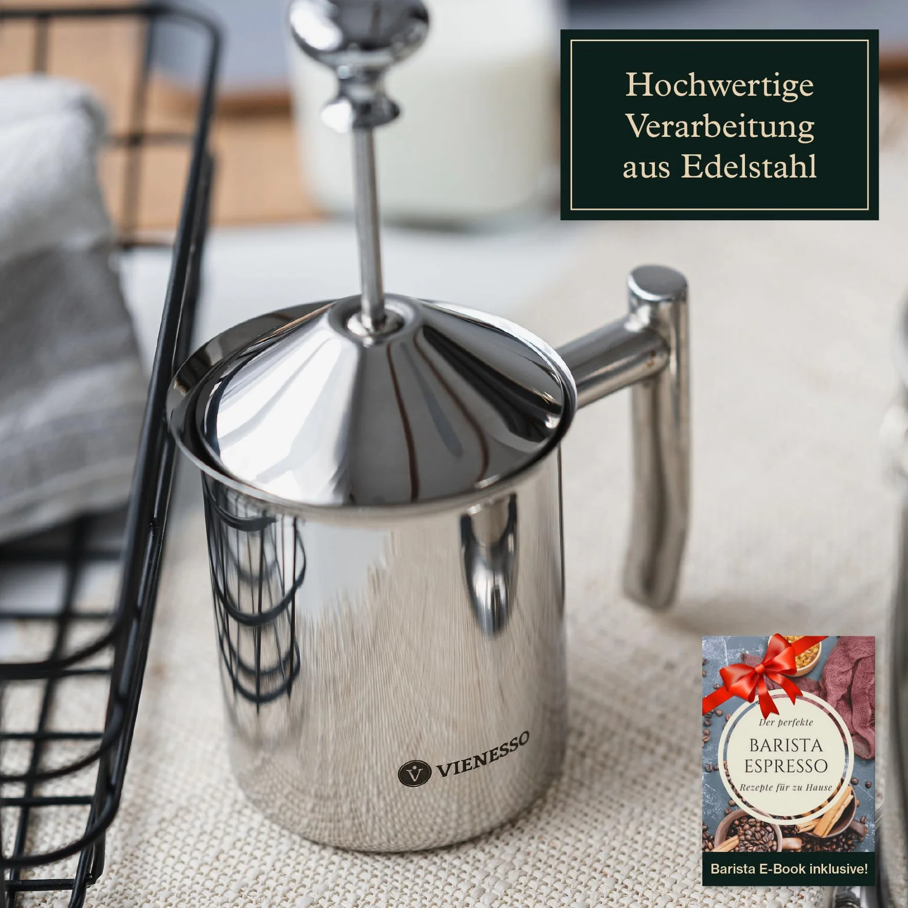 Ręczny spieniacz do mleka ze stali nierdzewnej I ręczny spieniacz do mleka z podwójnym sitkiem z siatki do kremowej pianki mlecznej I 400 ml Milk Frother do cappuccino i latte – nadaje się do