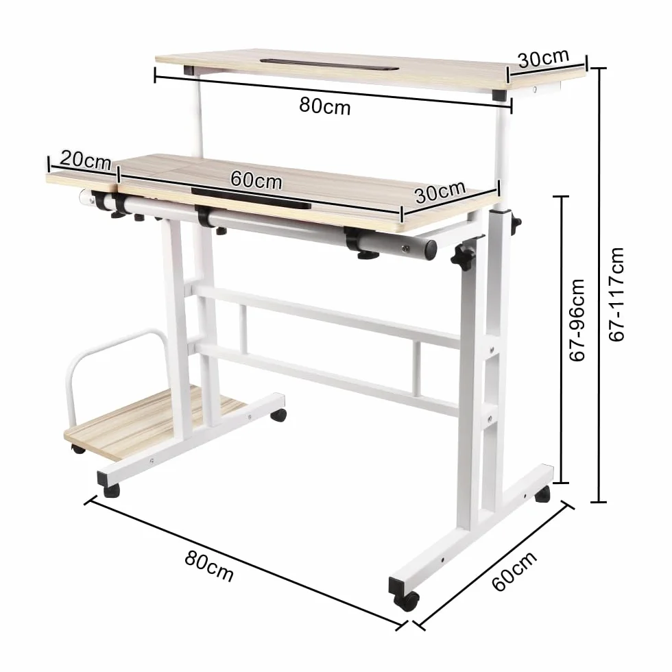 Biurko komputerowe z regulacją wysokości Stół na laptopa z kółkami, mobilny stół biurkowy na komputer stacjonarny stolik na laptopa, 102 x 60 x 67-115 cm, biały klon