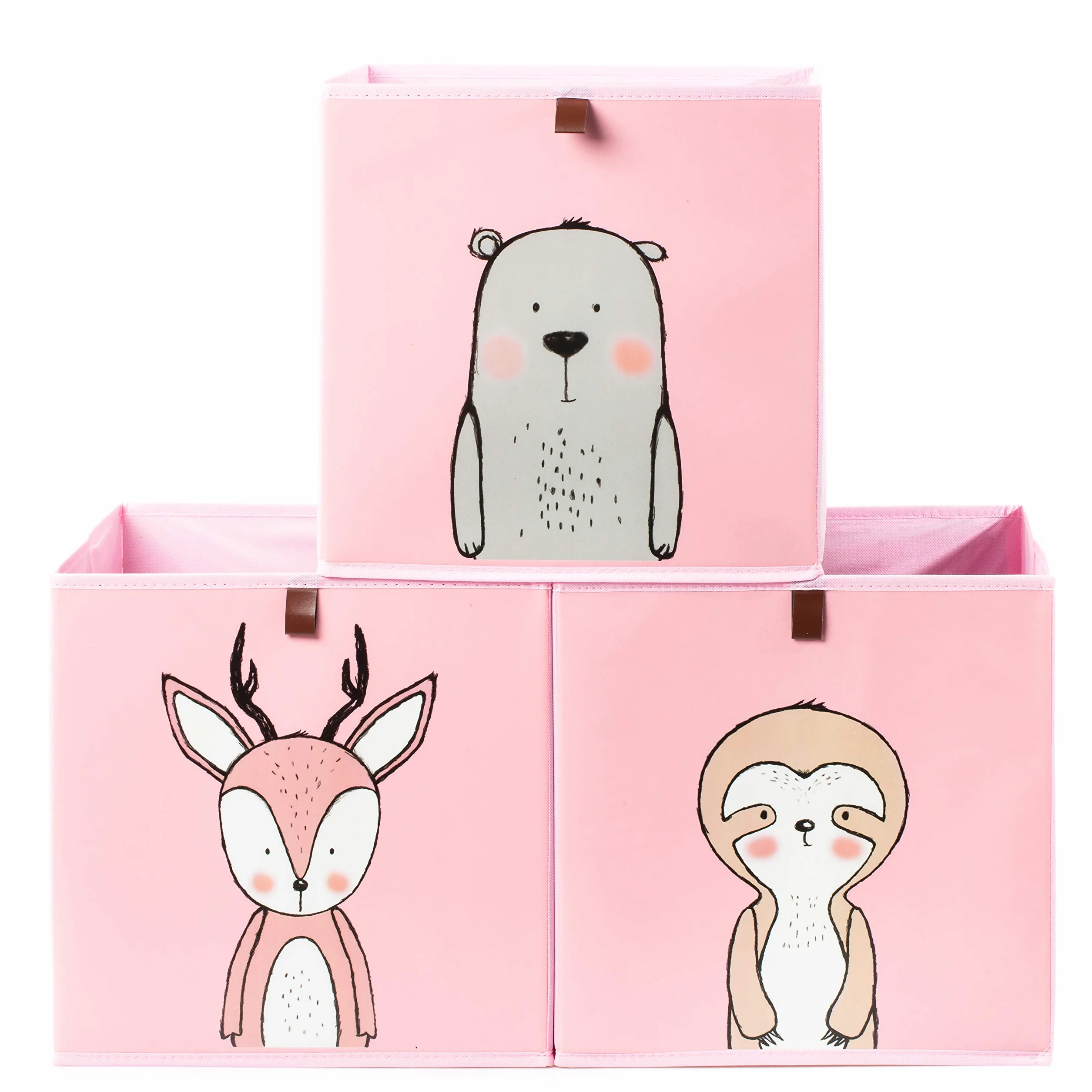 2friends 3 pudełka do przechowywania dla dzieci z pętelką do wyciągania, zestaw 3 pudełek Kallax z 3 motywami, pudełko do przechowywania dla dzieci 33 x 33 x 33 cm, stabilne i zmywalne, różowe