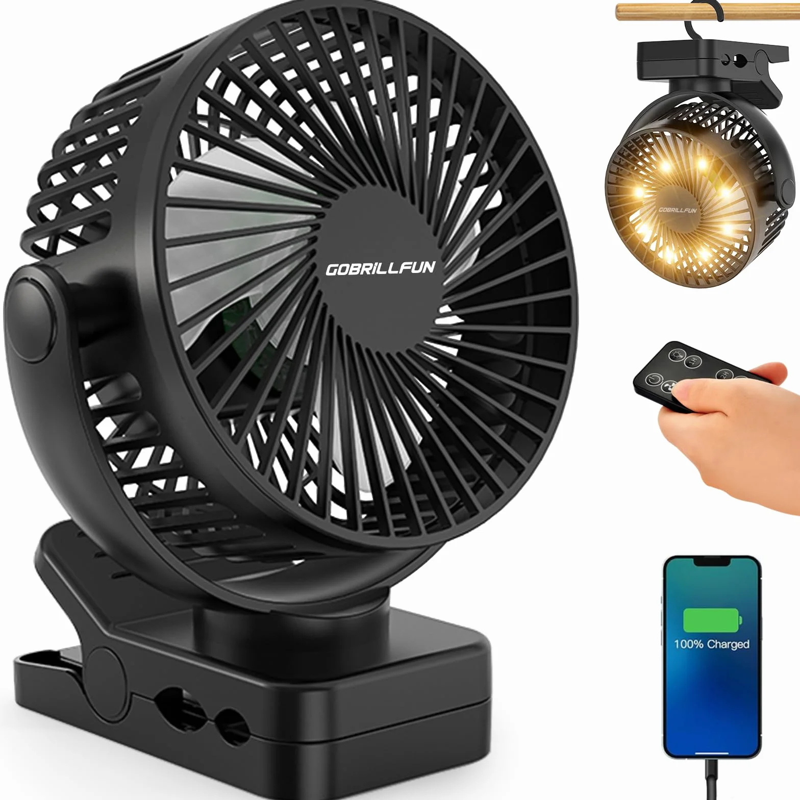Wentylator z klipsem 15,2 cm (6"), akumulator 12000 mAh, z pilotem zdalnego sterowania, USB do ponownego ładowania ze światłami LED, 3 prędkości, wentylator na baterie z timerem (czarny)