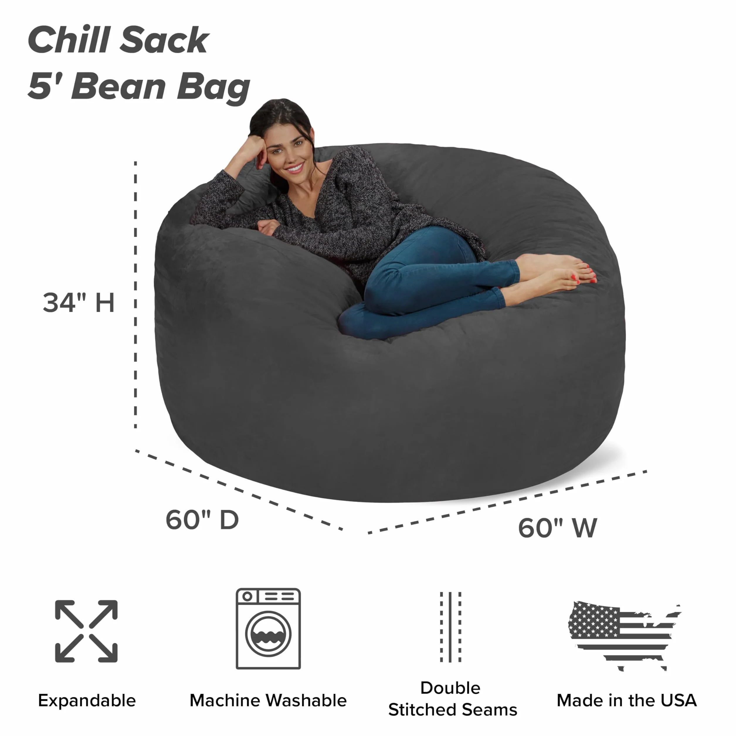 Chill Sack Krzesło do pufy: gigantyczny worek do siedzenia z pianki z pamięcią kształtu 5 stóp - duża sofa z miękkim pokrowcem z mikrofibry - węgiel drzewny