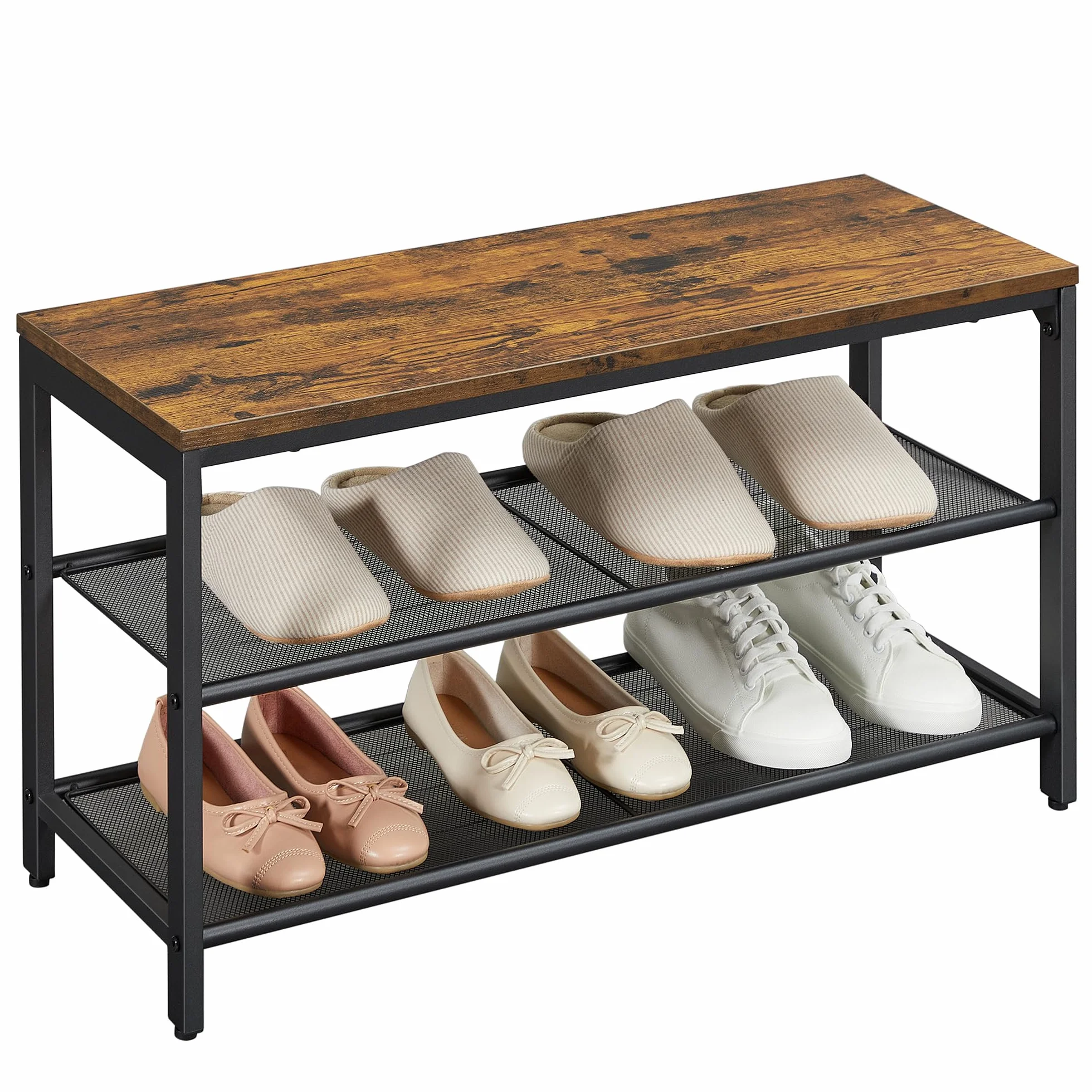VASAGLE Ławka na buty, 80 x 30 x 44,5 cm, 2-poziomowa szafka na buty z siatki, przechowywanie butów, do wejścia, metal, styl przemysłowy, rustykalny brąz i czarny LBS74X