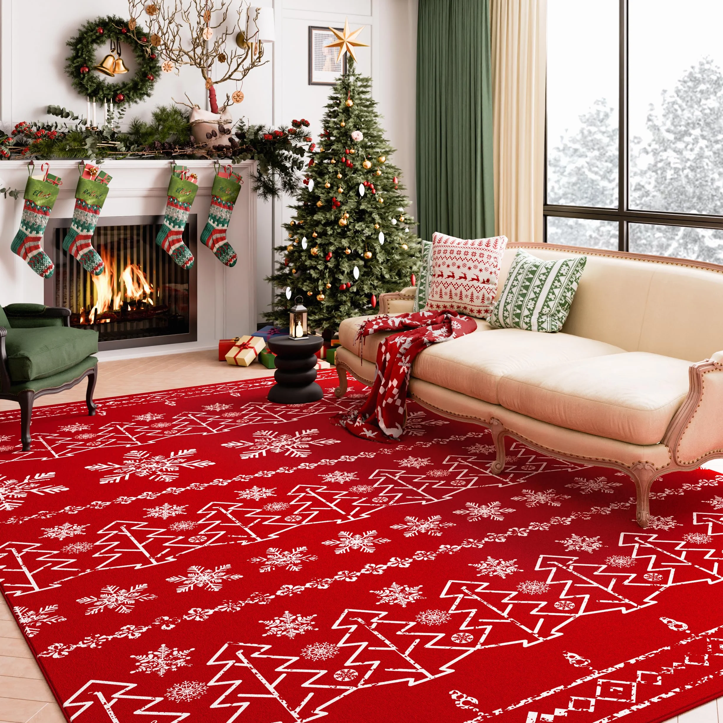 PureCozy świąteczny Dywan do Salonu 200x300cm Czerwony Sypialni Antypoślizgowy Zmywalne świąteczna Dekoracyjna Choinką Renifer śnieżny Jadalni Pokoju Dywany