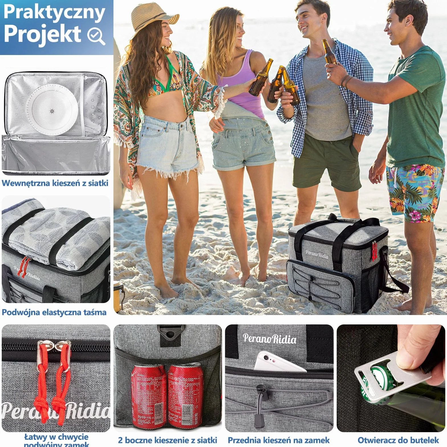 Miękka torba chłodząca 20L, Izolowana średnia żywność, piknikowa Termiczna dla mężczyzn, kobiet i dorosłych, Spakowana plażę, kemping, grill, rodzinne zajęcia na świeżym powietrzu, Szara