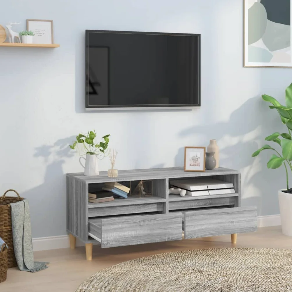 Szafka TV Sonoma szara 100 x 34,5 x 44,5 cm, materiał drewnopochodny, uniwersalna podstawka pod telewizor, trwała szafka na media do salonu, sypialni, uniwersalna konsola multimedialna