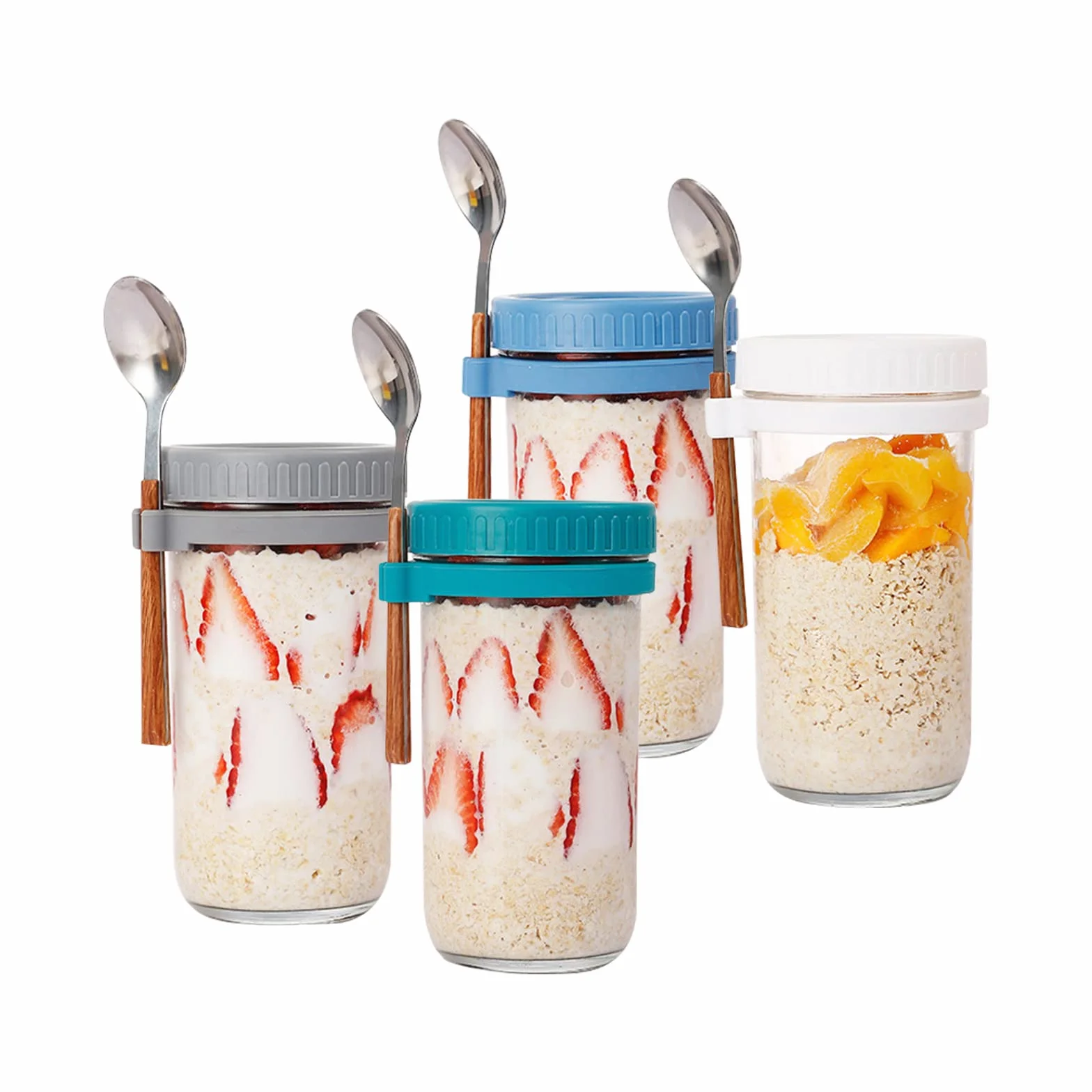 ZJT Overnight Oats słoiki z pokrywką i łyżeczką, 4 sztuki słoików owsianych, szklane słoiki na przetwory na nocleg, na musli, owoce, warzywa, mleko, sałatkę, jogurt, posiłki (600 ml)