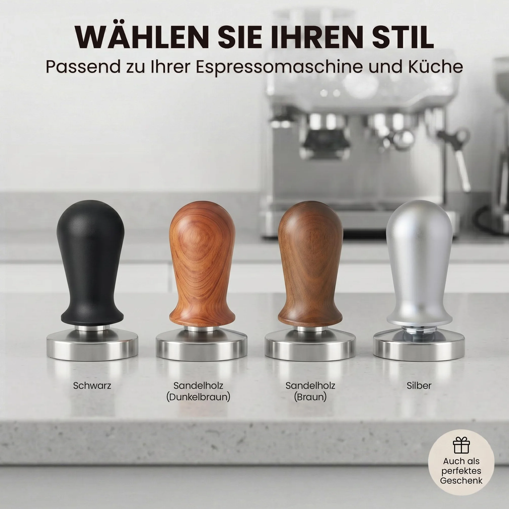 scarlet espresso | Tamper „Perfetto” dla baristy; skalibrowany na 15,88 kg (35 lbs) siłę nacisku; z uchwytem z aluminium lub szlachetnego drewna i precyzyjną podstawą ze stali nierdzewnej (57 mm)