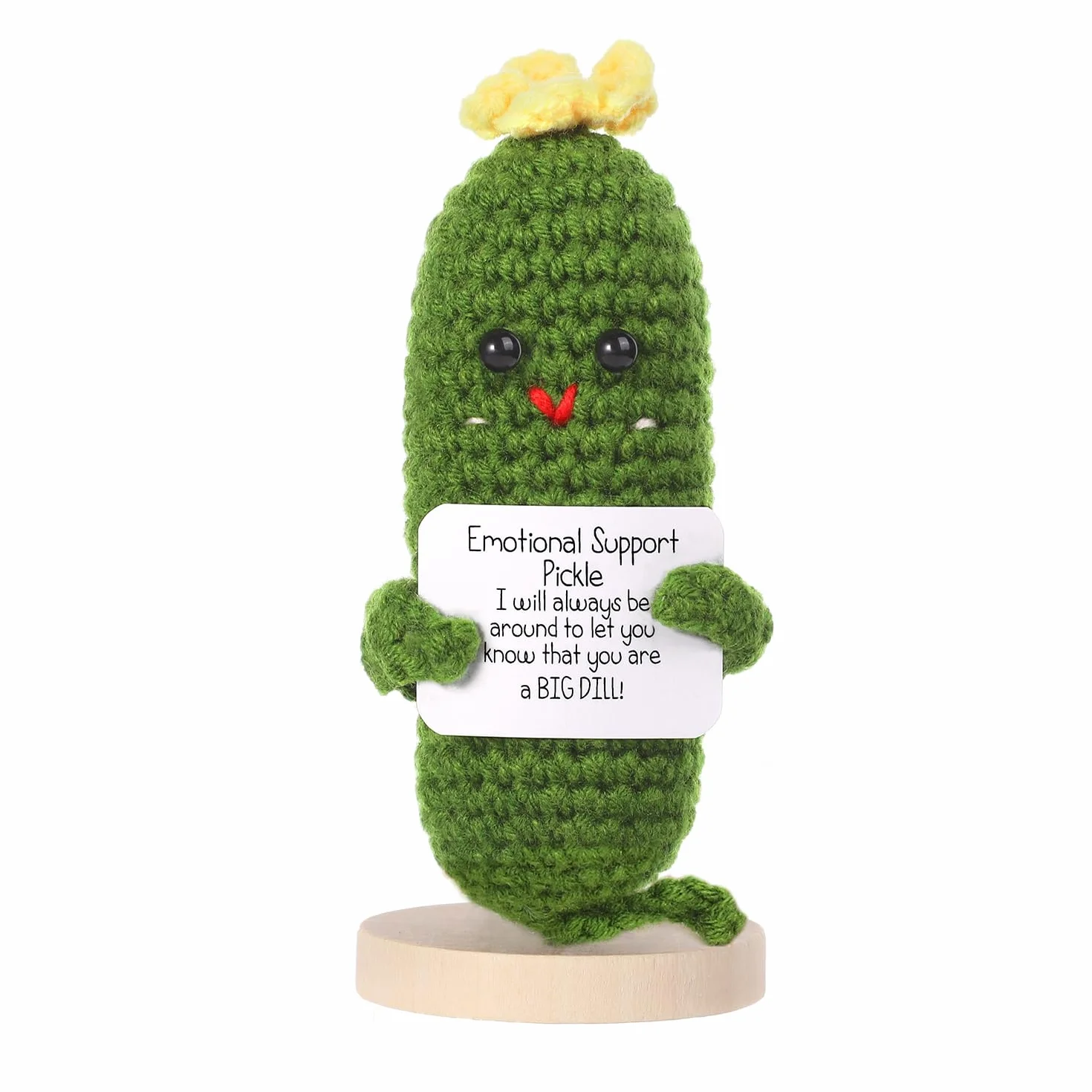 Smieszne Emocjonalne Pozytywne Ogórki, 12cm Dziane Ogórki z Pozytywna Karta Drewniana Podstawa Pozytywna Marynata Pozytywne Szydelko Pluszowy Prezent Dopingujacy dla Przyjaciól Wystrój Biura