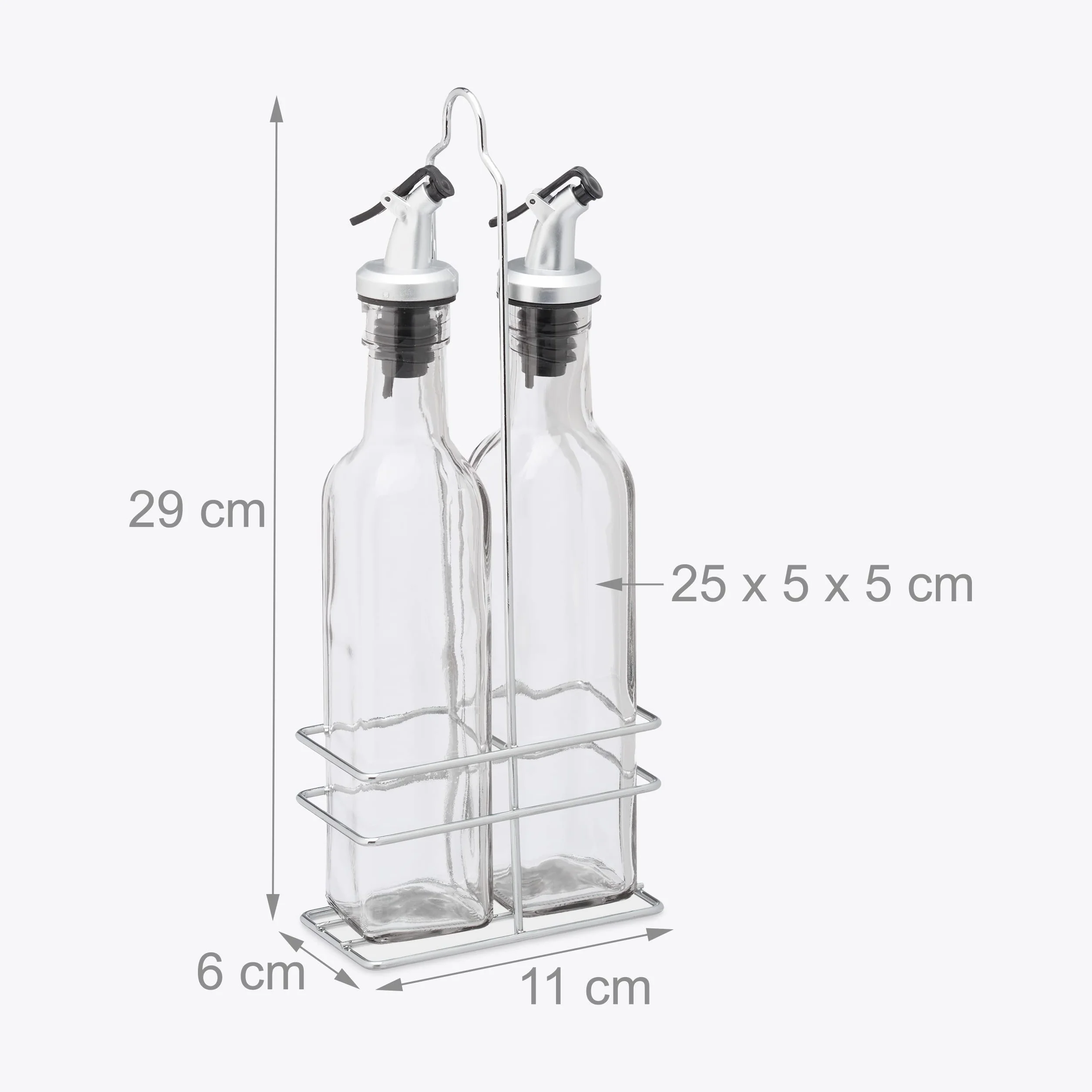 Relaxdays Dozownik octu i oleju, z dzióbkiem, 2 w 1, do kuchni, butelki na olej ze stojakiem, szkło, 2 x 250 ml, przezroczysty, 29 x 11 x 6 cm