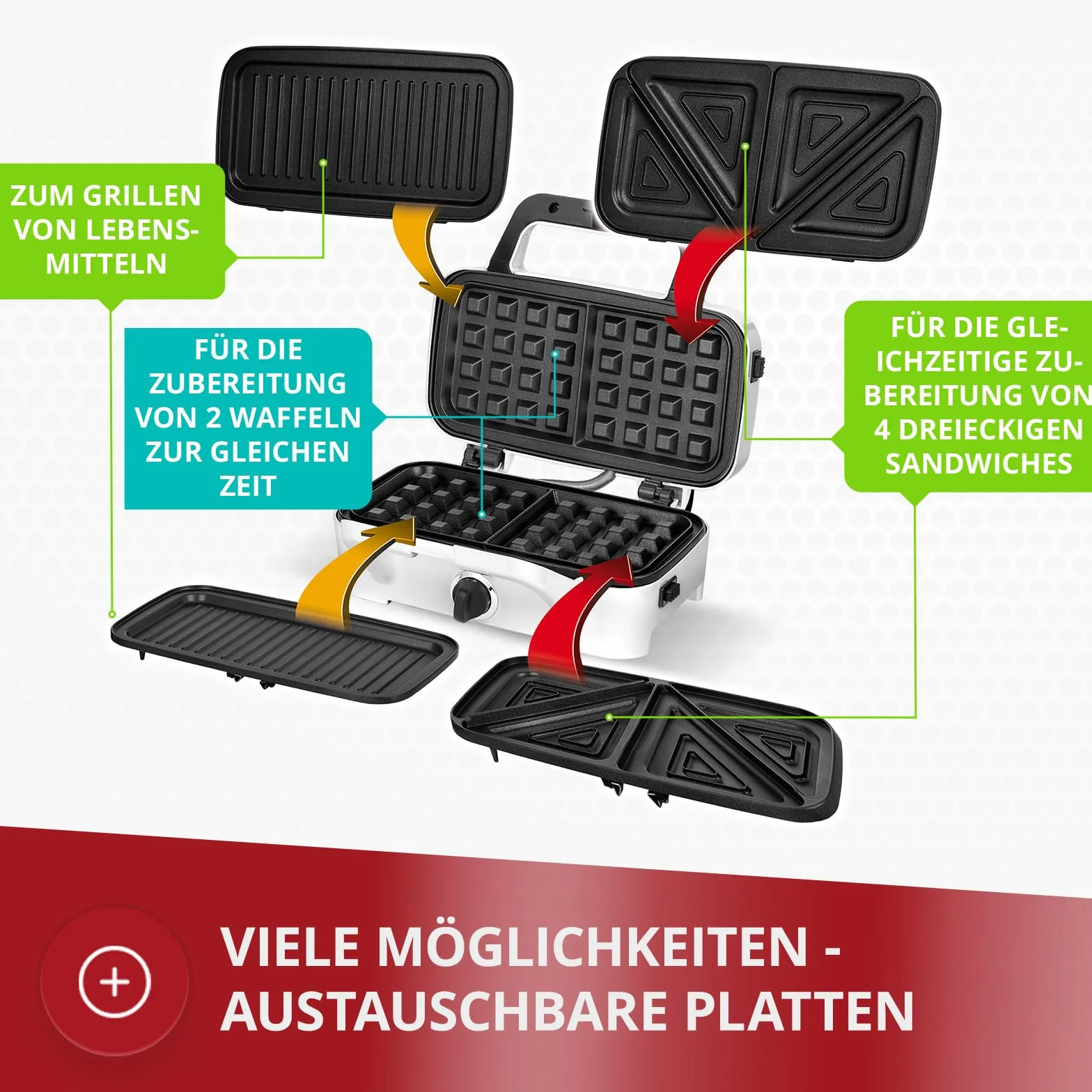 MPM MOP-33M Opiekacz 3in1, Płyty 2 Gofrów, Płyty 4 Trójkątnych Kanapek, Grillowe, Powłoką Zapobiegająca Przywieraniu, Regulacją Temperatury, Biały-srebrna obudowa ze stali nierdzewnej, 1200W