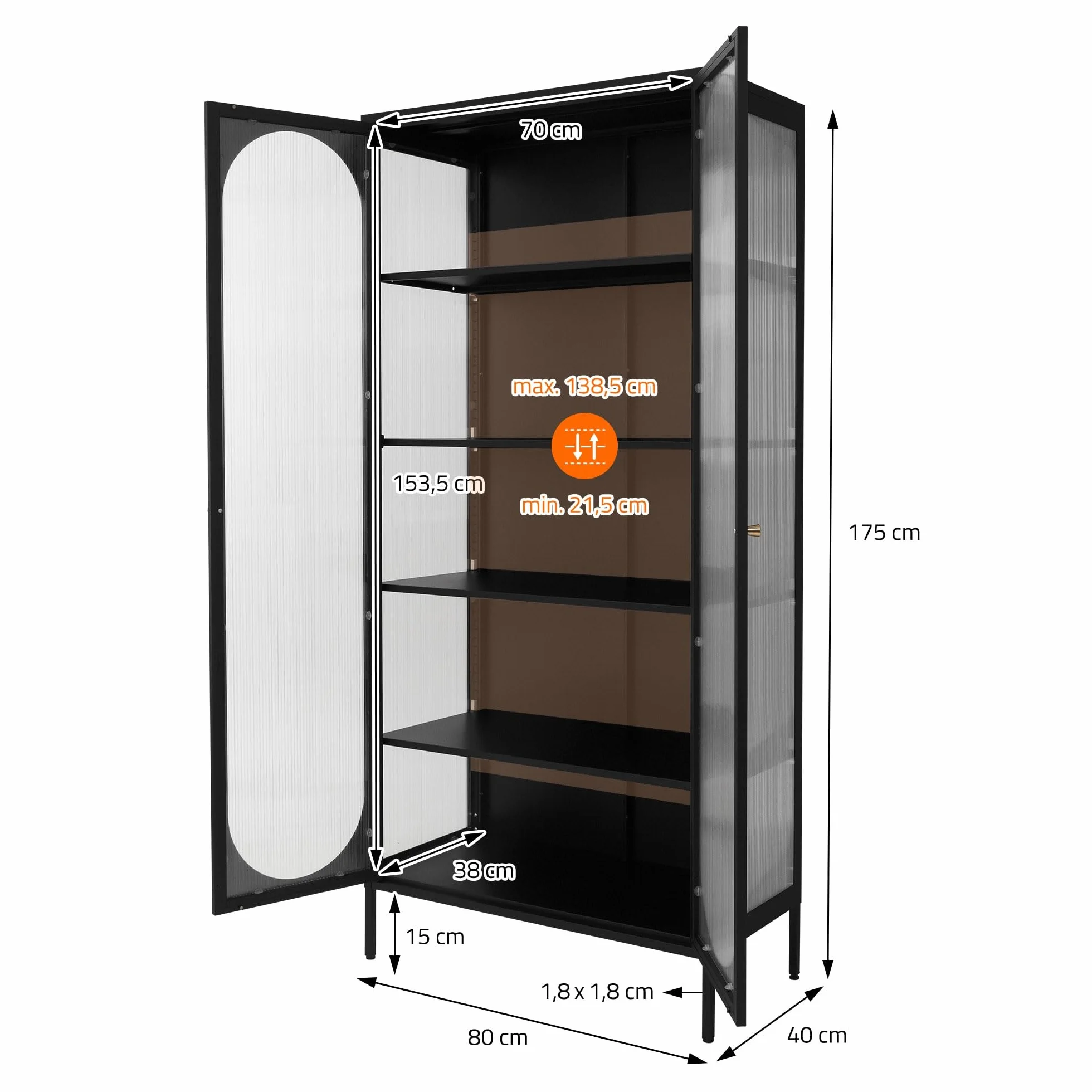 ML-Design Witryna 80x175x40 cm czarna z 5 pólkami i schowkami 2 drzwiami Metalowa szafka do salonu ze stali w stylu industrialnym wysoka idealna na ksiazki dokumenty lub jako szafka podlogowa