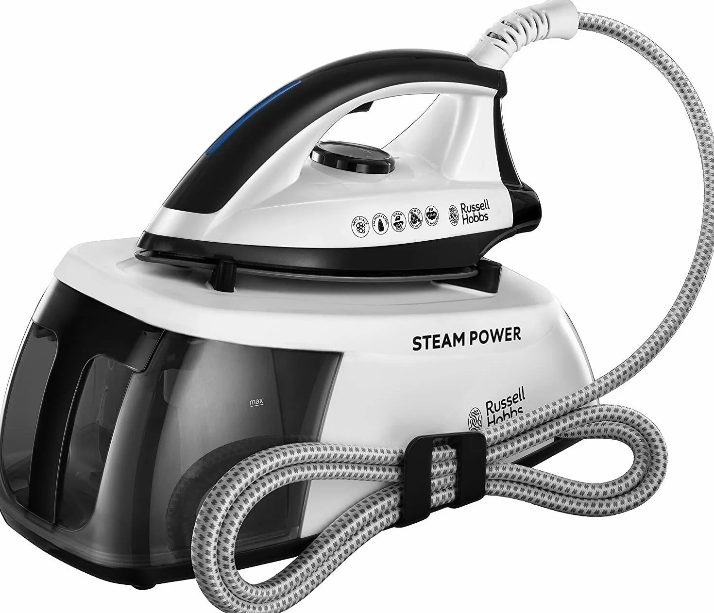 Russell Hobbs Żelazko z generatorem prądu parowego, zdejmowany zbiornik na wodę 1,3 l, nieprzywierająca podeszwa ze stali nierdzewnej, 110 g strzał pary, wyjście pary 90 g, przechowywanie przewodu,