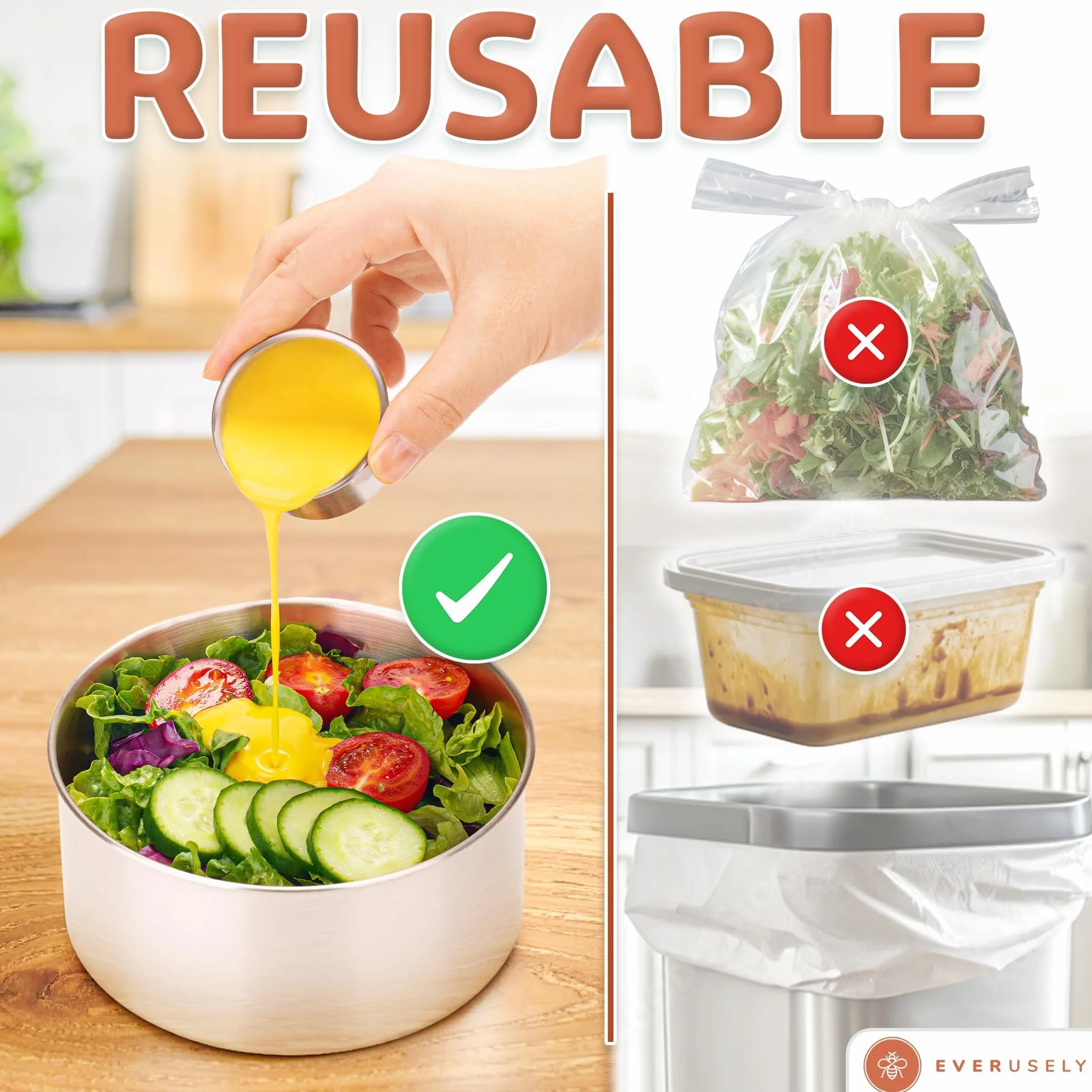 Everusely - Stainless Steel Containers with Lids - Set of 6, Bright Collection - Leakproof Stainless Steel Food Containers - Nesting Snack Holders