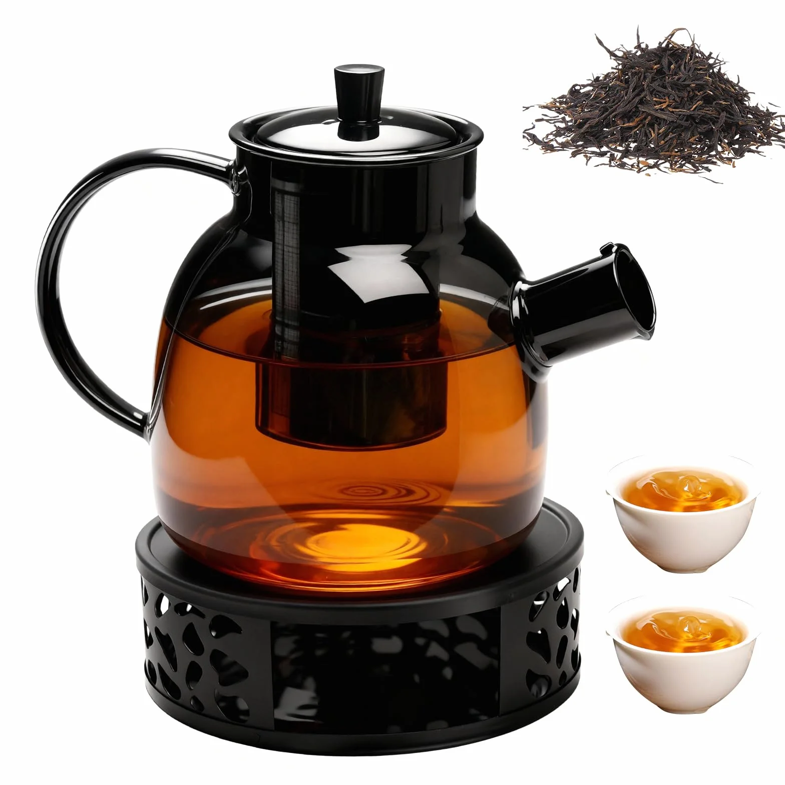 BORDEAG Dzbanek do herbaty z podgrzewaczem, 1500 ml, Szklany dzbanek do herbaty z wkładem sitowym, Dzbanek do herbaty ze szkła