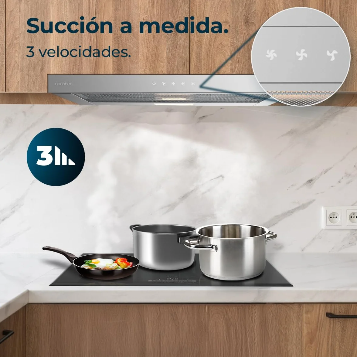 Cecotec Okap teleskopowy 60 cm Bolero Flux TLT 604000 Inox A+++. Przyssawka 415 m3/h, silnik DC, 3 stopnie prędkości, sterowanie dotykowe, wykończenie ze stali nierdzewnej, światło LED, filtry