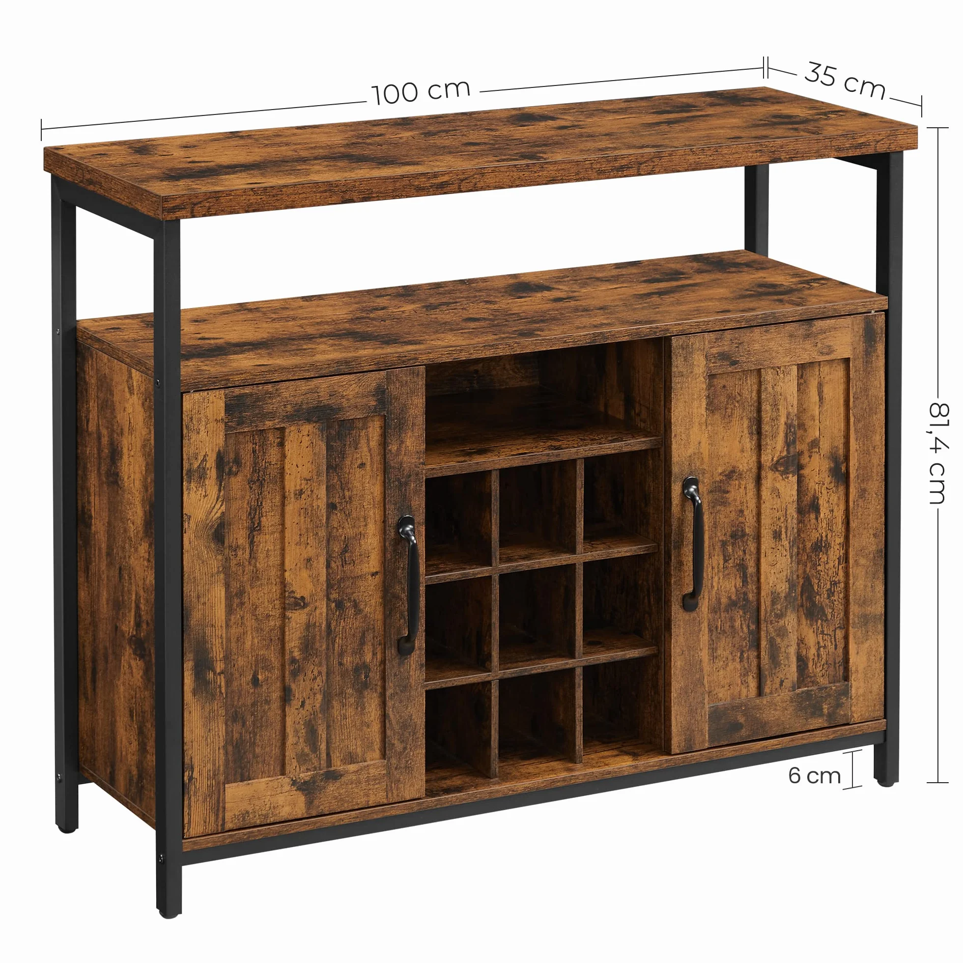 VASAGLE Szafka do przechowywania, kredens i stół bufetowy z uchwytem na wino, szafka 2-drzwiowa do jadalni, salonu, kuchni, 100 x 35 x 81,4 cm, styl industrialny, rustykalny, brązowo-czarna LSC094B01