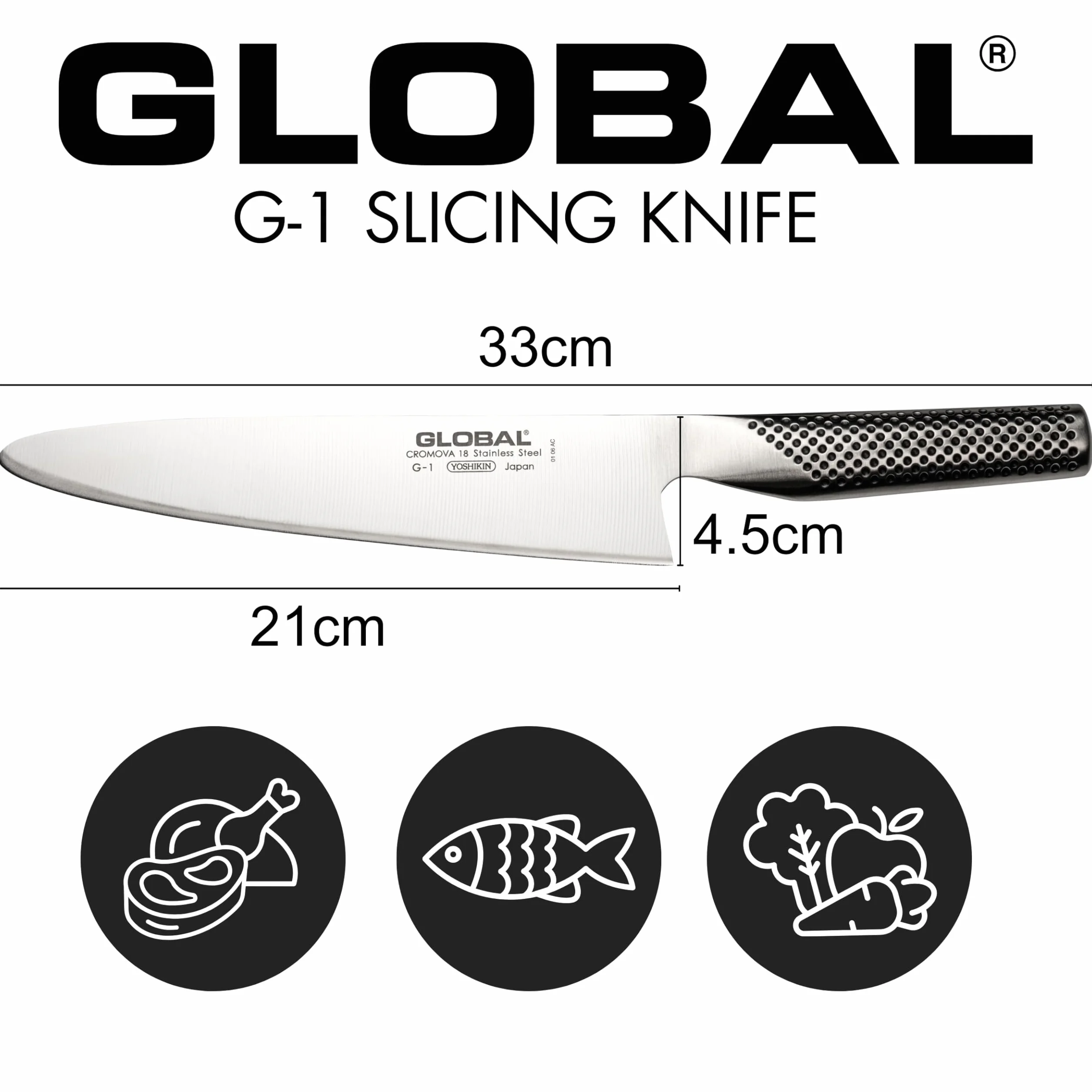 Global Noże G-1 krajalnica z ostrzem 21 cm, stal nierdzewna CROMOVA 18