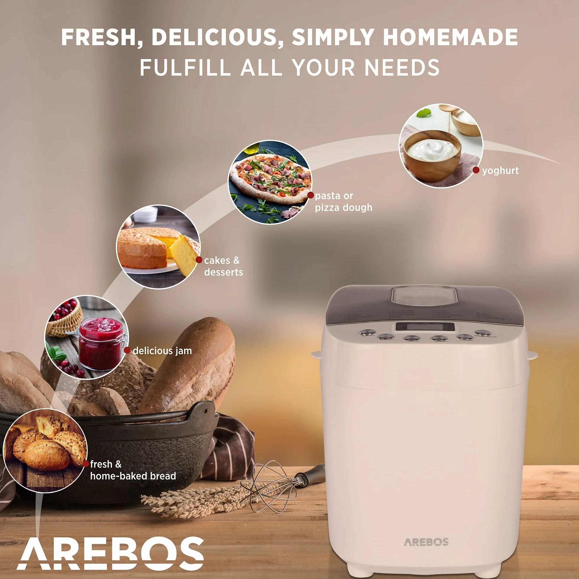 Arebos Wypiekacz do chleba 1500g 850W 15 programów LCD Biały