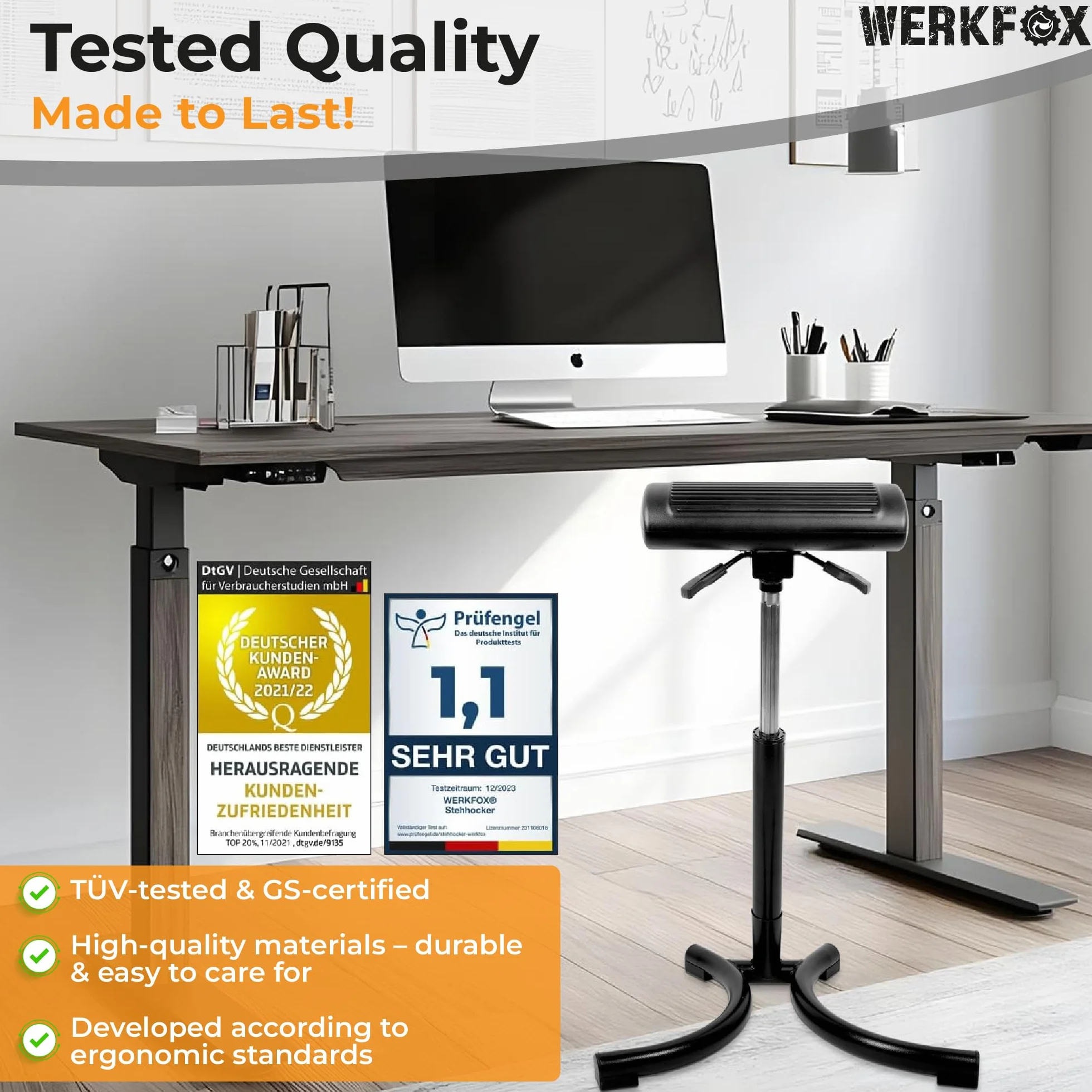 Stołek stojący Werkfox® Ergonomiczny stołek z regulacją wysokości; Stojący stołek warsztatowy; Stojące krzesło do biurka, biura, przemysłu.