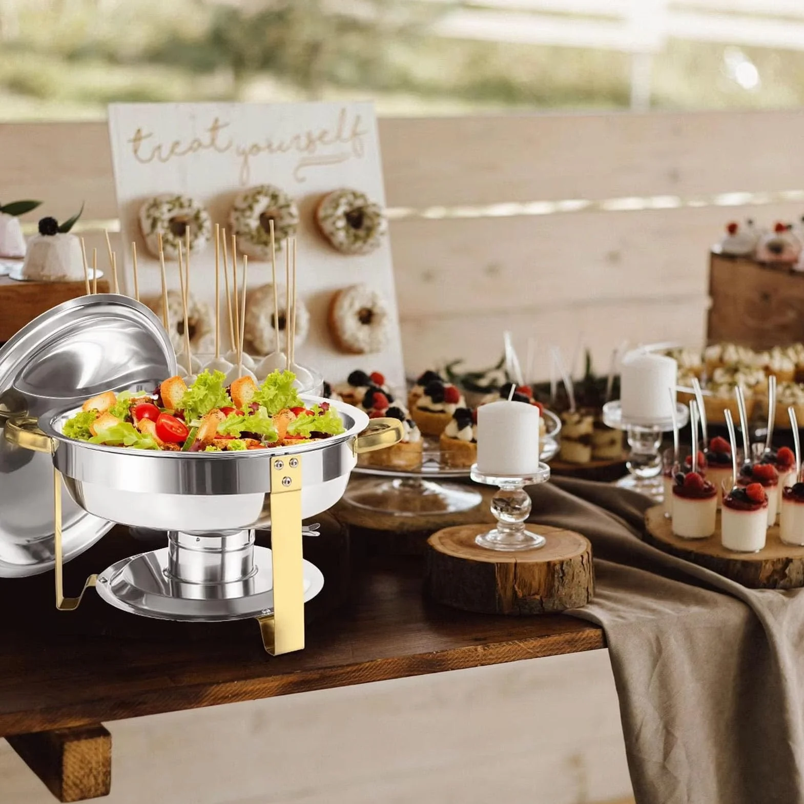 2-pak okrągłych podgrzewaczy do żywności ze stali nierdzewnej 4,5 l - idealne na imprezy, wesela i kolacje - artykuły gastronomiczne i zestaw serwerów bufetowych