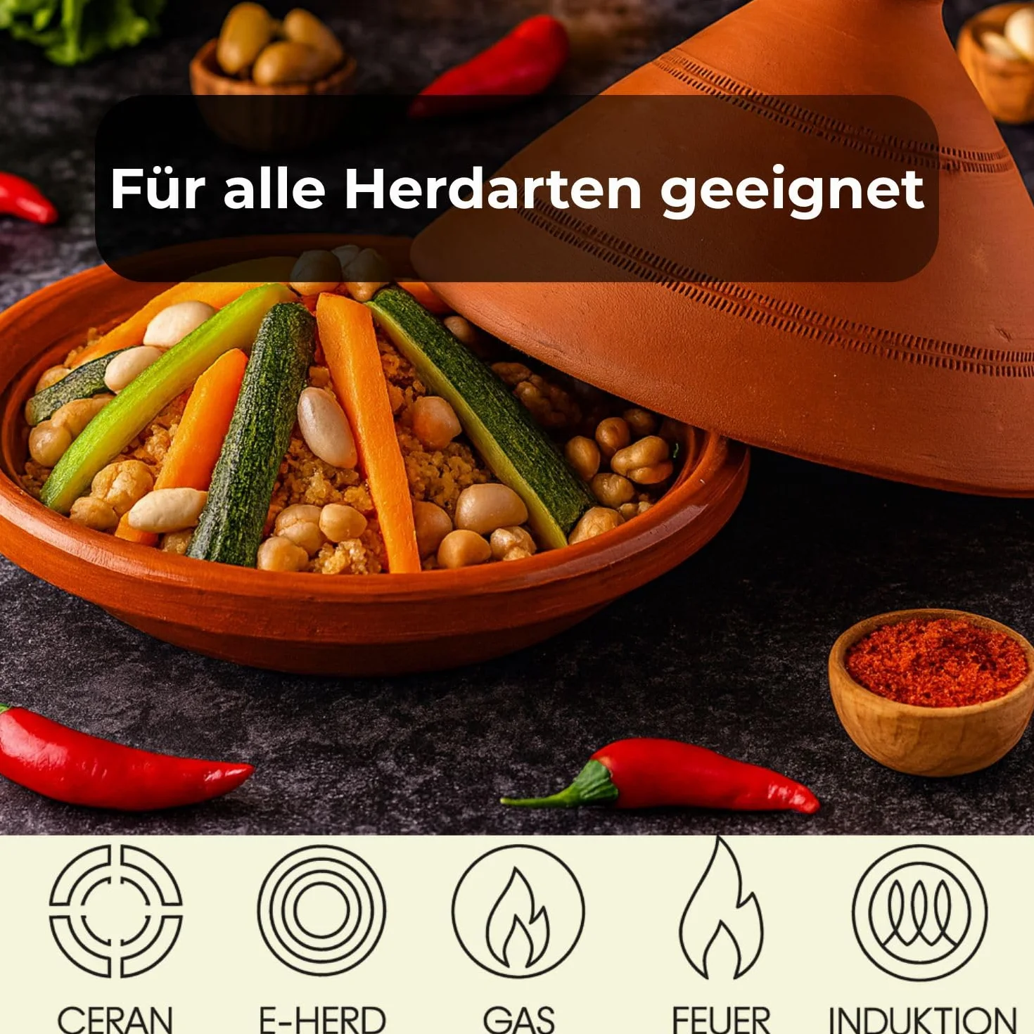Tajine, z Maroka, w tym książka kucharska kuchni północnoafrykańskiej, gliniany garnek do gotowania, tuareg, ręcznie wykonany z Marrakeszu, wolny od szkodliwych substancji, terakota, Ø 30 cm, dla 4-5