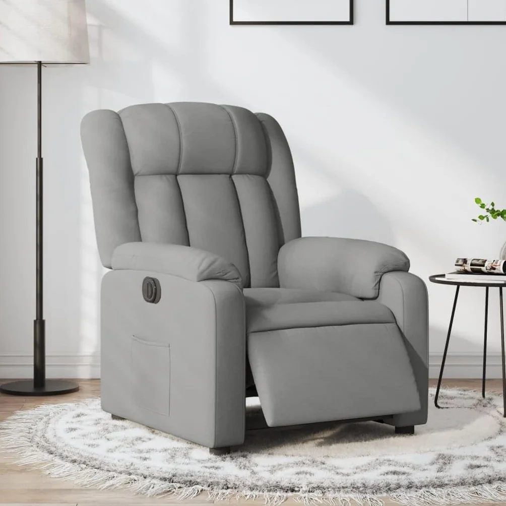 Fotel relaksacyjny, elektryczny, jasnoszary, materiał z funkcją leżenia, regulowany, wygodne siedzisko z podłokietnikami, metalowa i drewniana rama, ergonomiczny do salonu, kącika do czytania