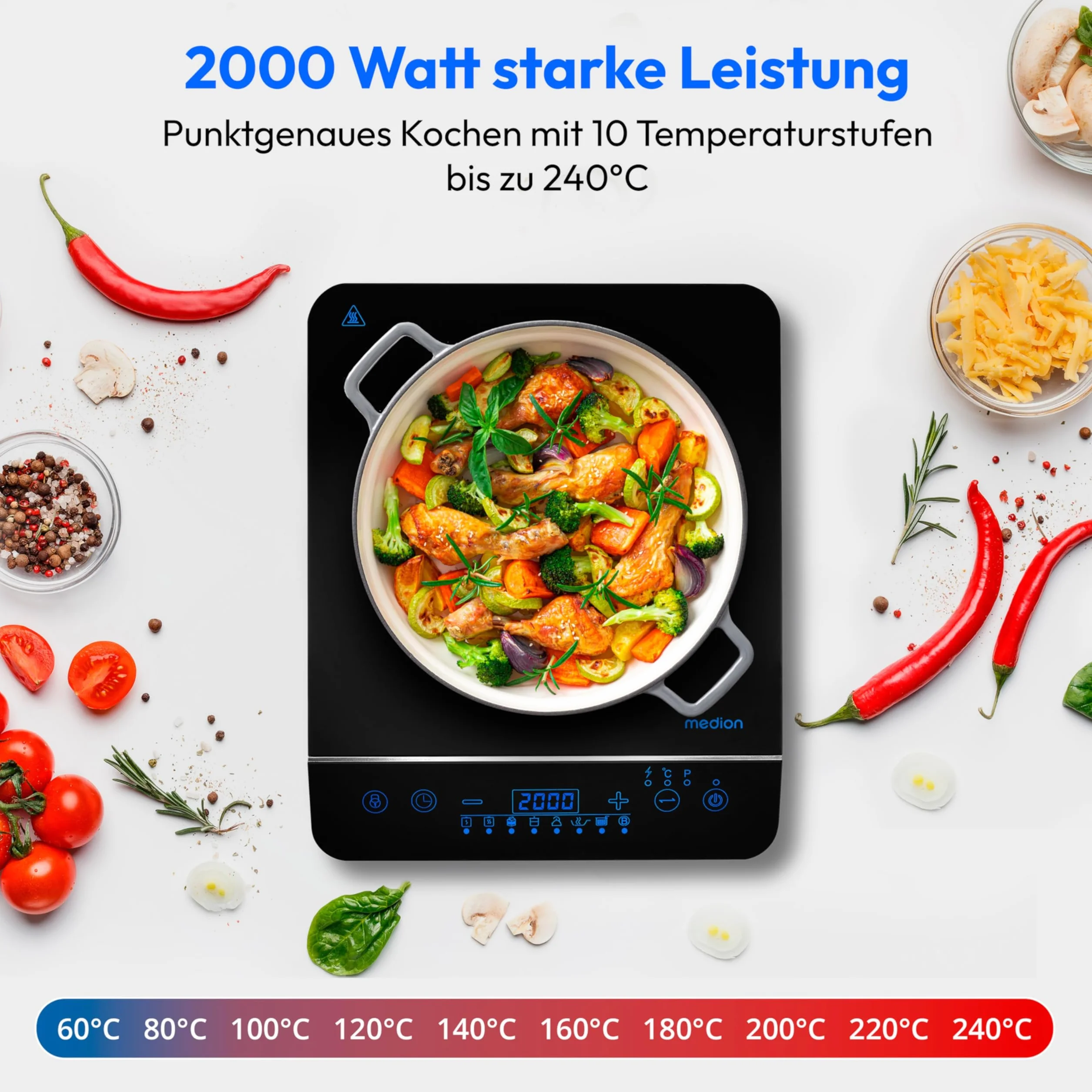 MEDION Płyta indukcyjna / 2000 W/zakres temperatur 60-240°C / 8 programów automatycznych / 10 poziomów mocy/wyświetlacz LED/MD 17595 / czarna