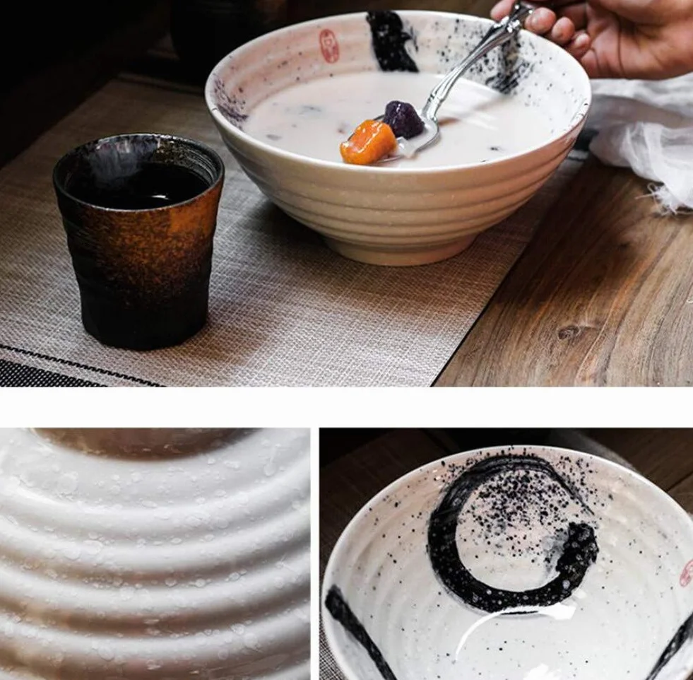 Japońska duża 19 cm miska do serwowania Ramen miska ceramiczna retro miska na zupę sałatkę owoce idealna na imprezy ceramiczna zastawa stołowa do płatków śniadaniowych i makaronu.