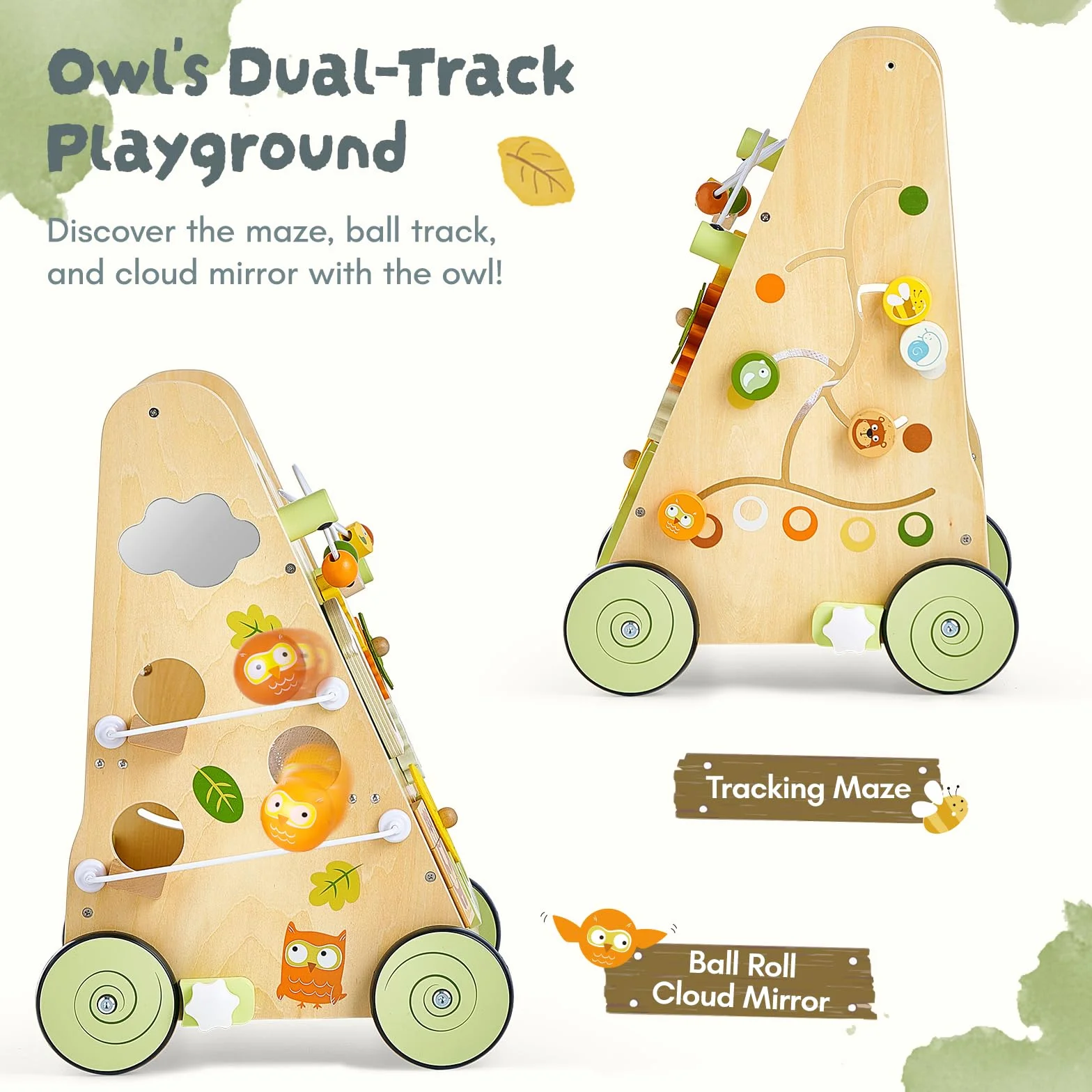 Drewniany chodzik dla dzieci Wooden Push Walker Wielokolorowy – Zabawka i pomoc w nauce chodzenia z centrum aktywności 8-w-1, regulowana prędkość i antypoślizgowe kółka dla dzieci od 1 roku życia