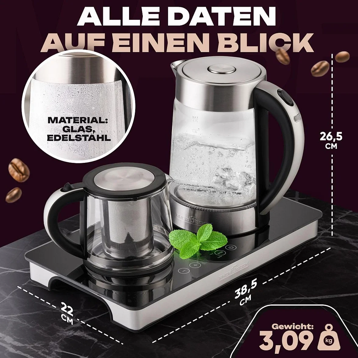 ProfiCook TKS1056 - Zestaw śniadaniowy - 3 w 1-2200 W - Sterowanie dotykowe - Kolor srebrny i czarny