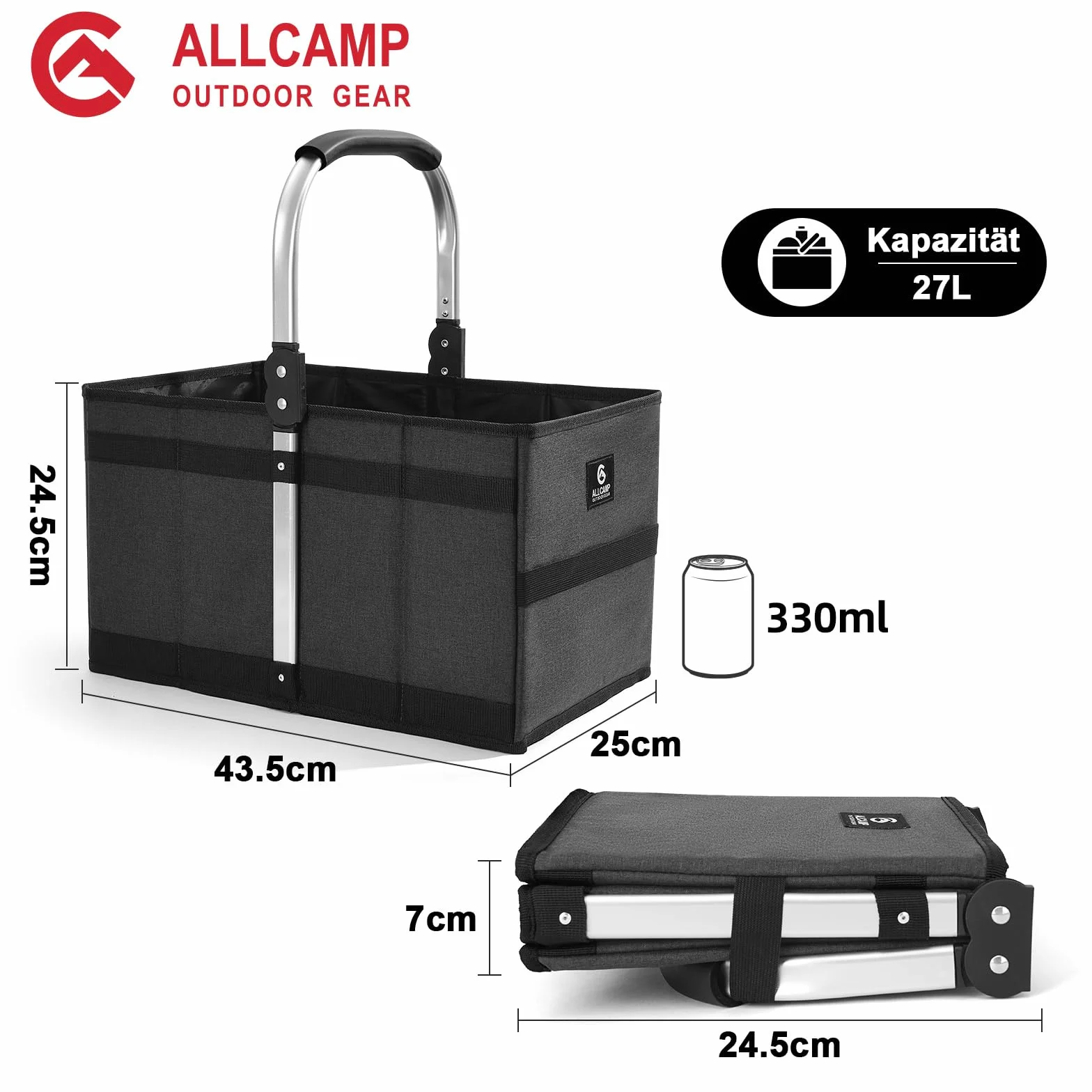 ALLCAMP składany kosz na zakupy 27 l, wzmocnione dno i aluminiowy uchwyt, stabilny i oszczędzający miejsce, do bagażnika i zakupów, czarny (43,5 x 25 x 24,5 cm)