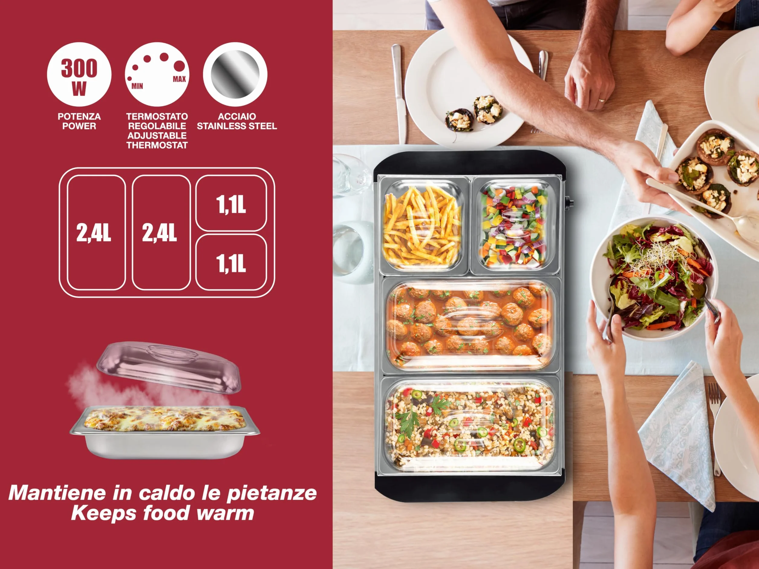 BEPER P101TEM002 Podgrzewacz bufetowy, podgrzewacz do żywności, 4 wyjmowane tace + podstawa płyty grzejnej, regulowany termostat i uchwyty termoizolacyjne, nadaje się do mycia w zmywarce, idealny na