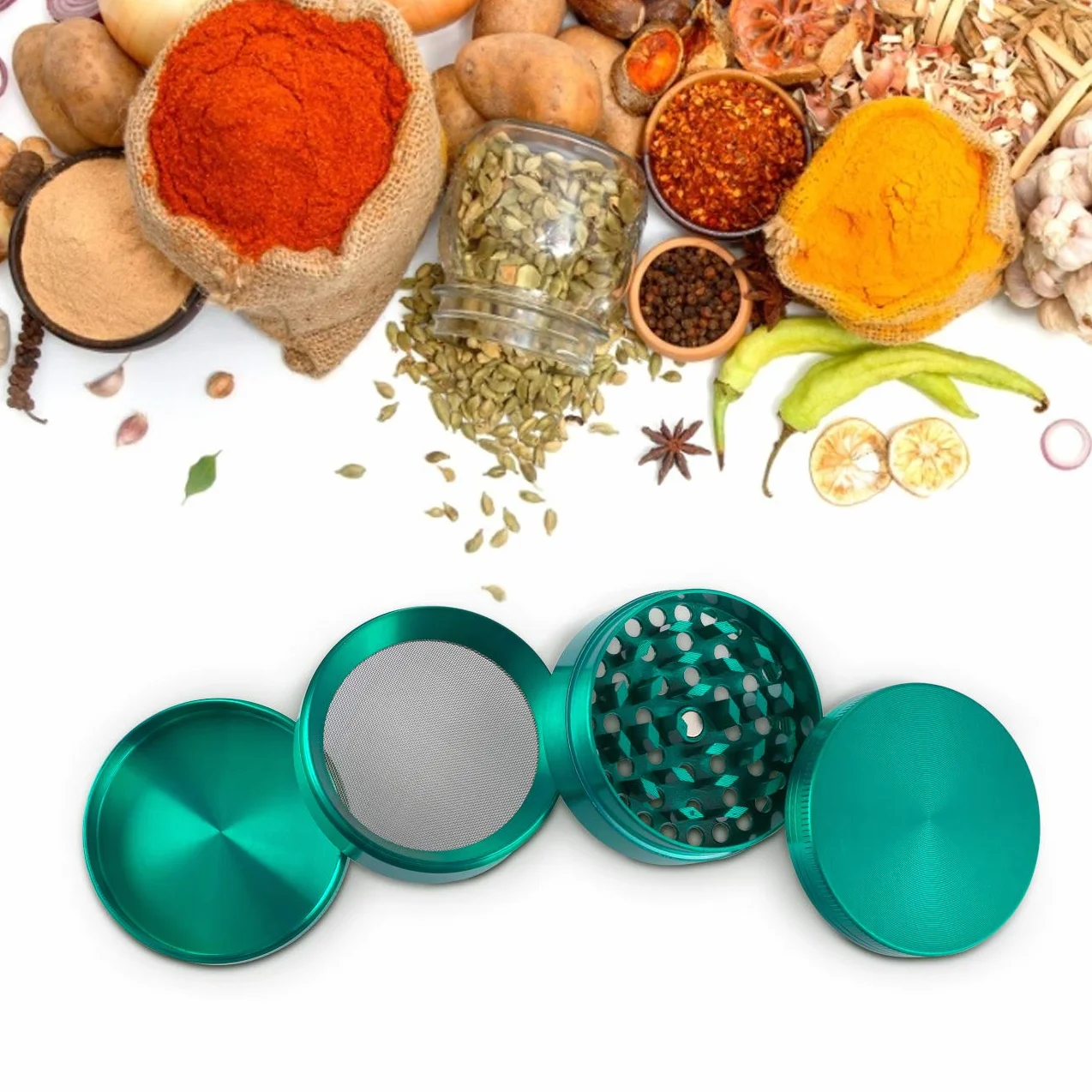 Lihao Grinder Crusher 4-częściowy zestaw młynków, stop cynku, ze skrobakiem do przypraw, ziół (mini, 5 x 3,5 cm, zielony)