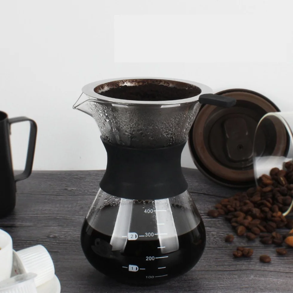 Ekspres do kawy „Pour Over” ze stałym filtrem ze stali nierdzewnej i karafką. Ekspres do kawy, dzbanek szklany, przezroczysty, 400ml