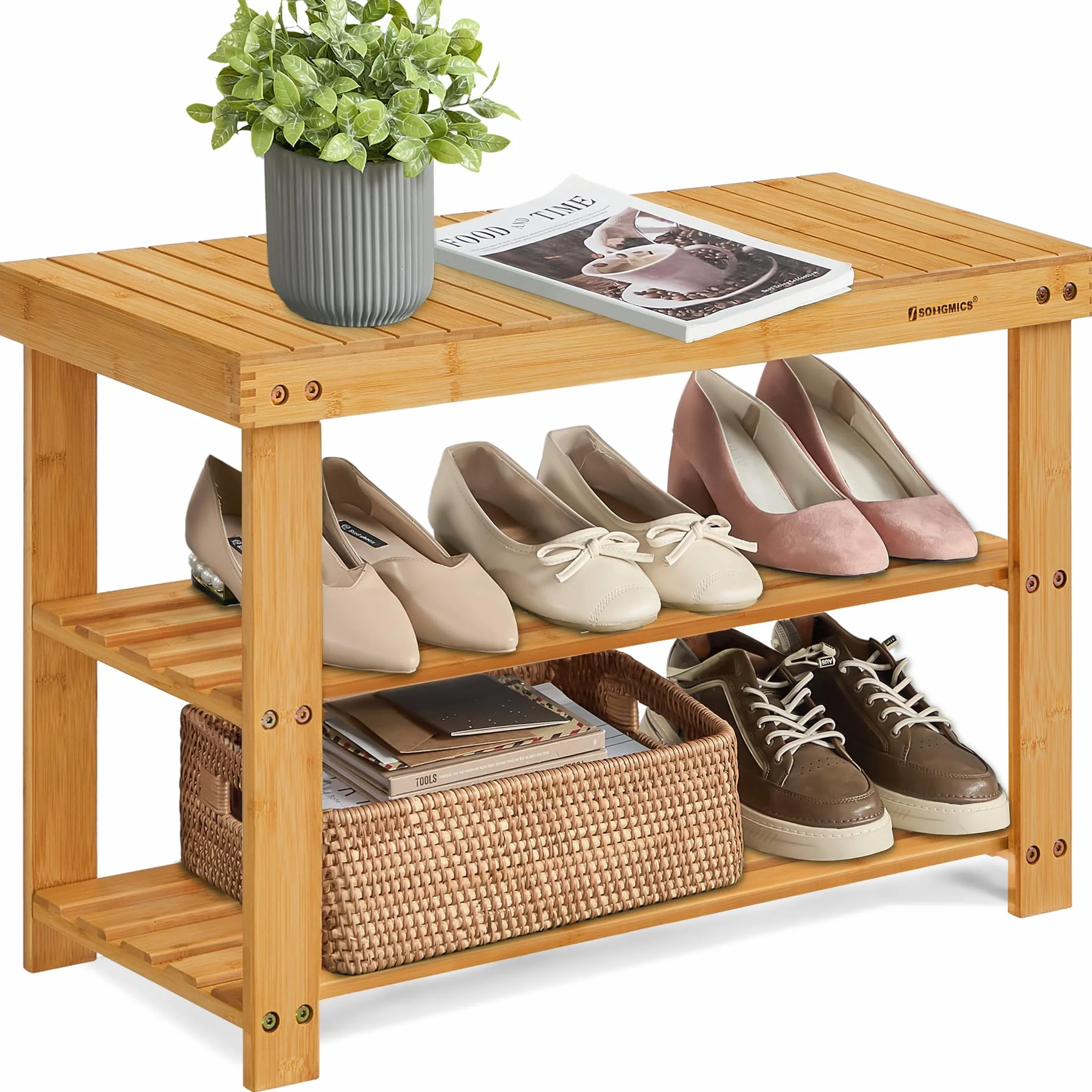 Songmics Regał na Buty, Bambus, Brązowy, 70 x 45 x 28 cm