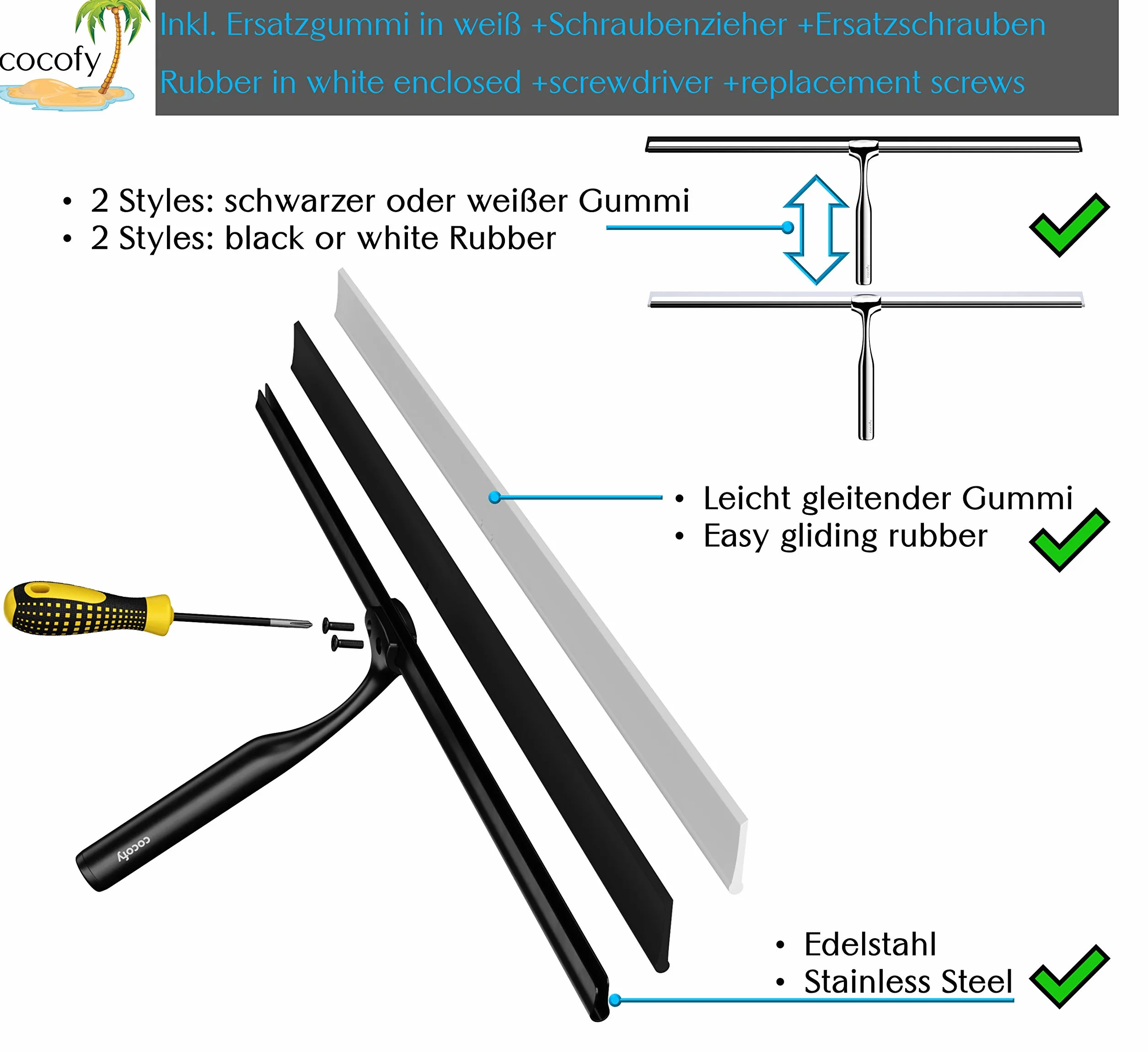 Ściągacz prysznicowy, czarny, matowy, szerokość XXL, 45 cm, bez wiercenia, do prysznica, płytek z haczykami, guma zapasowa, ściereczka z mikrofibry, ściągaczka do kabiny prysznicowej, ściągaczka do kabiny prysznicowej, ściągaczka okienna, 45 cm