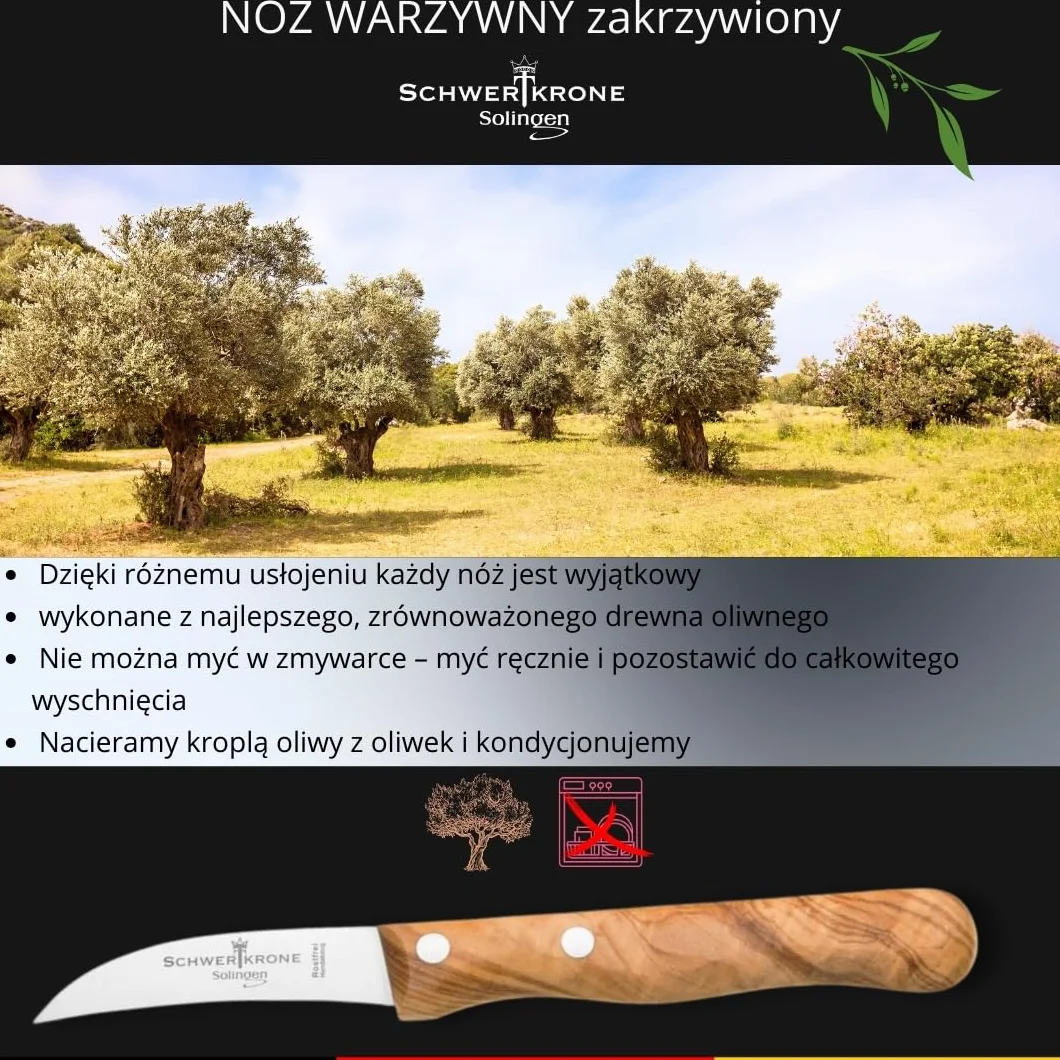 Schwertkrone Nóż Solingen, 1 szt., drewno oliwne, nóż do owoców, warzyw, ostry nóż do obierania, 15,5 cm, nierdzewny, wygięty w kształt ptasiego dziobu