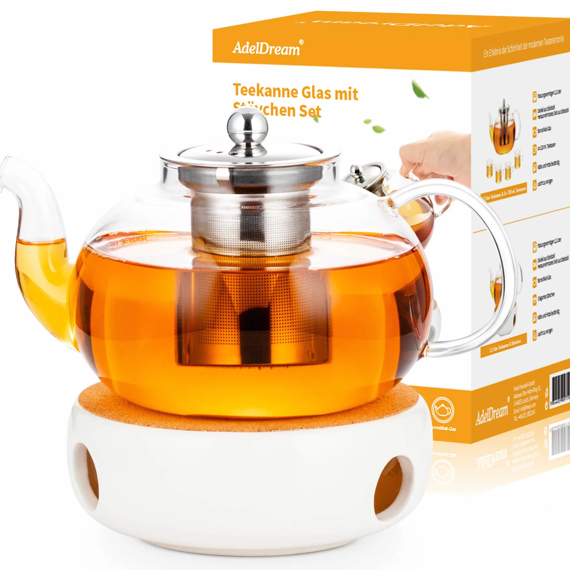 ADEL DREAM Szklany Dzbanek do Herbaty z Zaparzaczem, Czajnik z Sejfem, Kwitnące i Luźne Liście, Zestaw do Przygotowywania (1200 ml + Podgrzewacz)