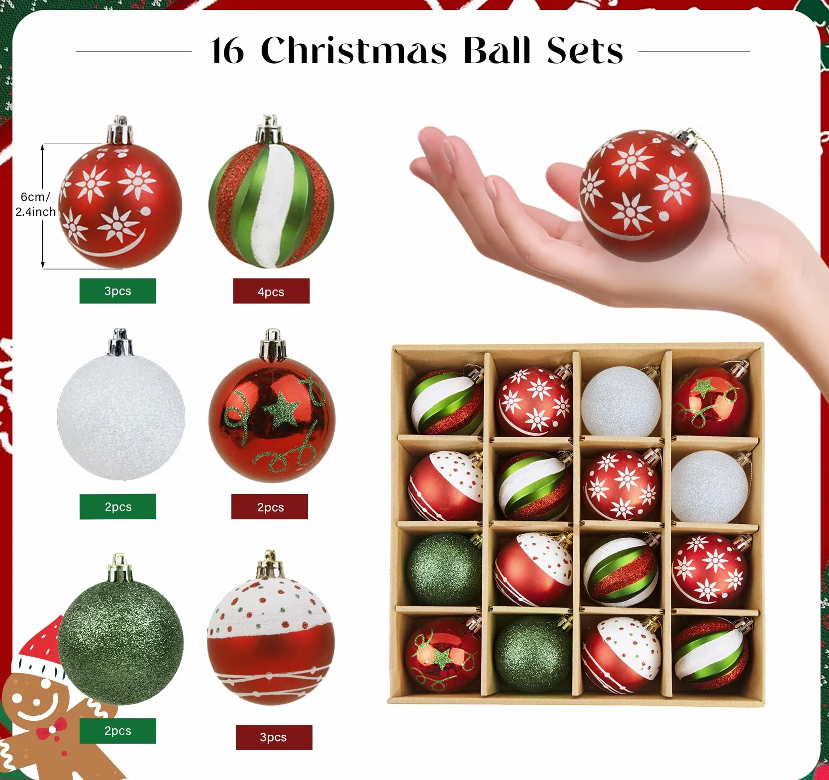 Bombki bożonarodzeniowe czerwone, zielone, białe, Anstore 6 stylów designu bombki choinkowe 6cm z tworzywa sztucznego ornament z zawieszką, 16 sztuk kolorowy zestaw ozdób choinkowych, ozdoby choinkowe