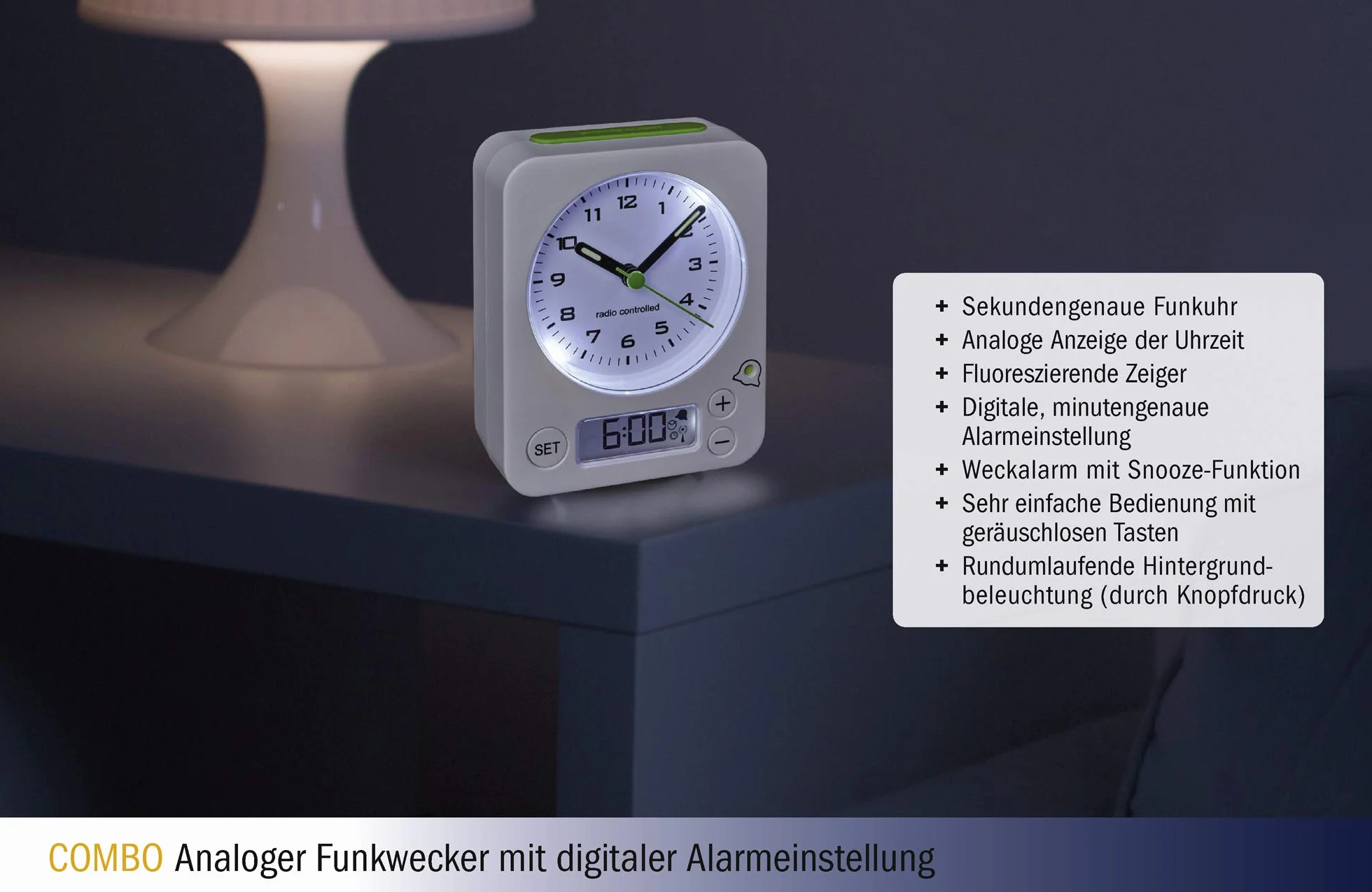 TFA Dostmann Combo analogowy budzik sterowany radiowo z cyfrową regulacją alarmu, wysoka precyzja, cichy, brzegowe oświetlenie tarczy, biały