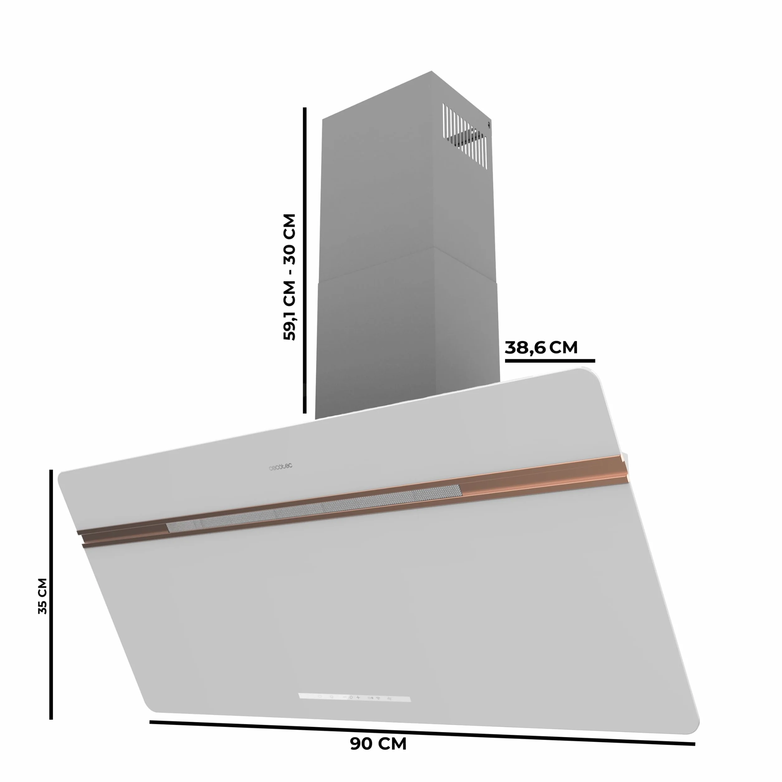 Cecotec Okap dekoracyjny 90 cm Bolero Flux DT 907500 Matt White A+++. Matowe i błyszczące szkło z miedzianymi detalami, ssanie 717,2 m³/h, funkcja wzmacniacza, filtry aluminiowe, klasa A+++