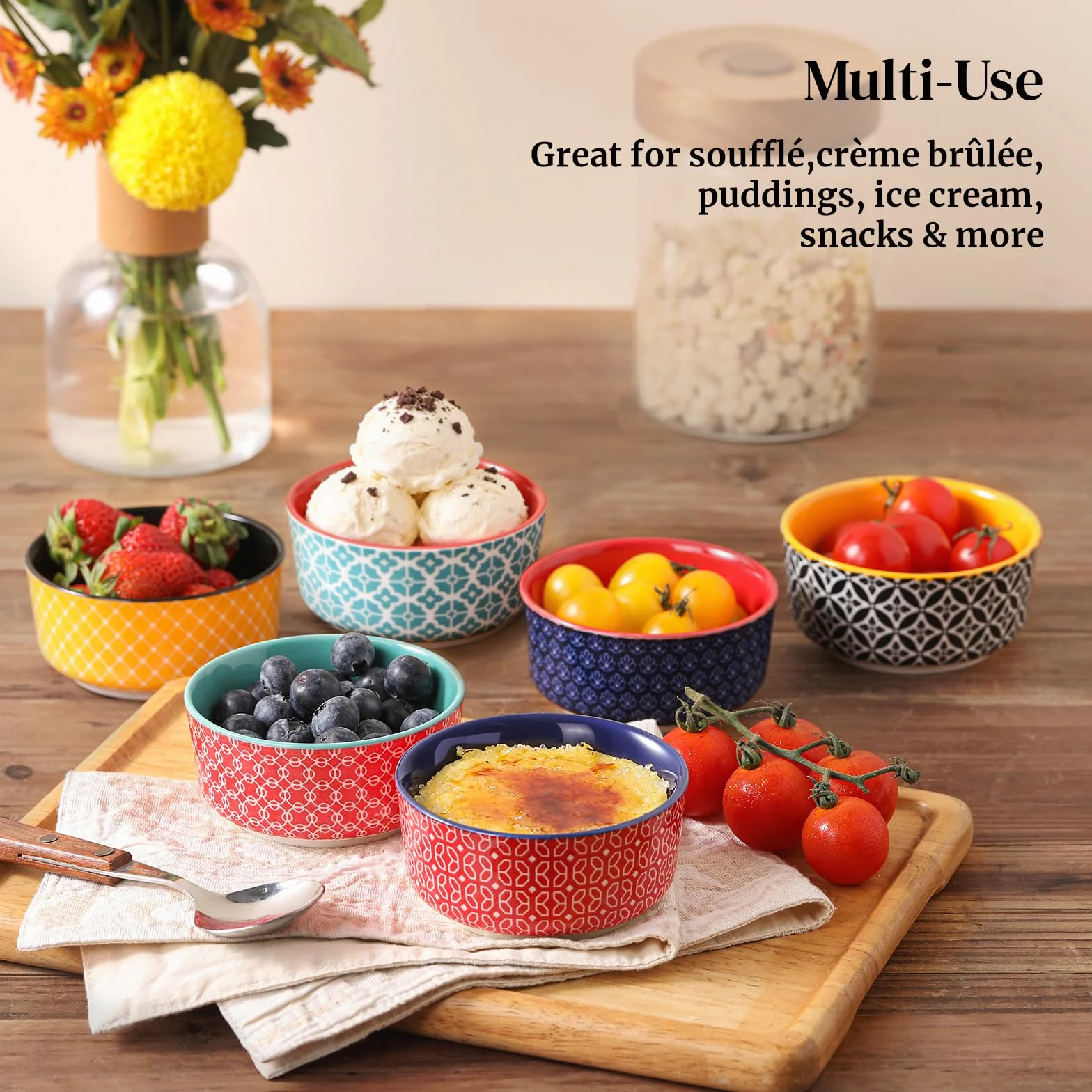 DOWAN Creme Brulee 6-częściowy zestaw miseczek do sufletu, 120 ml, porcelanowe foremki do sufletów, małe naczynie do zapiekanek, miski Ragout Fin, nadają się do kuchenki mikrofalowej, Airfryera i