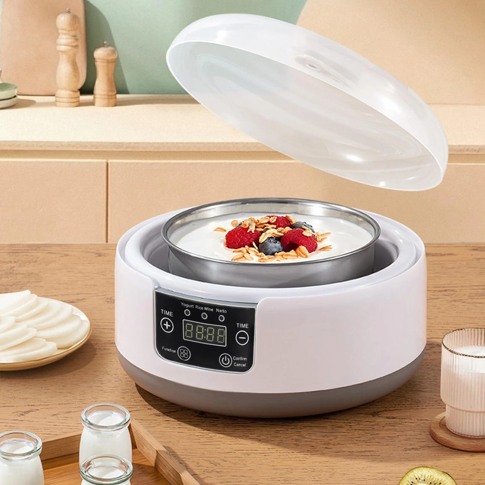 Elektryczna maszyna do robienia jogurtu, 1,2 l domowy jogurt Natto Maker, domowy inkubator do jogurtu ze szklanym słoikiem i wkładką ze stali nierdzewnej, do domowego (Wtyczka UE