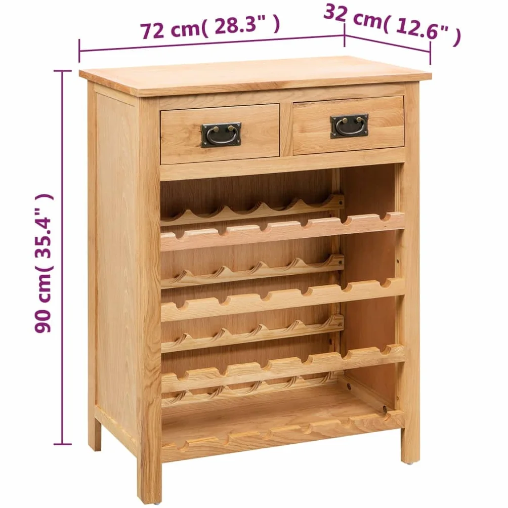 Générique Stojak na butelki z litego dębu, 72 x 32 x 90 cm, wytrzymały stojak do przechowywania wina z rozkloszowanymi półkami, elegancki regał na wino, łatwy montaż