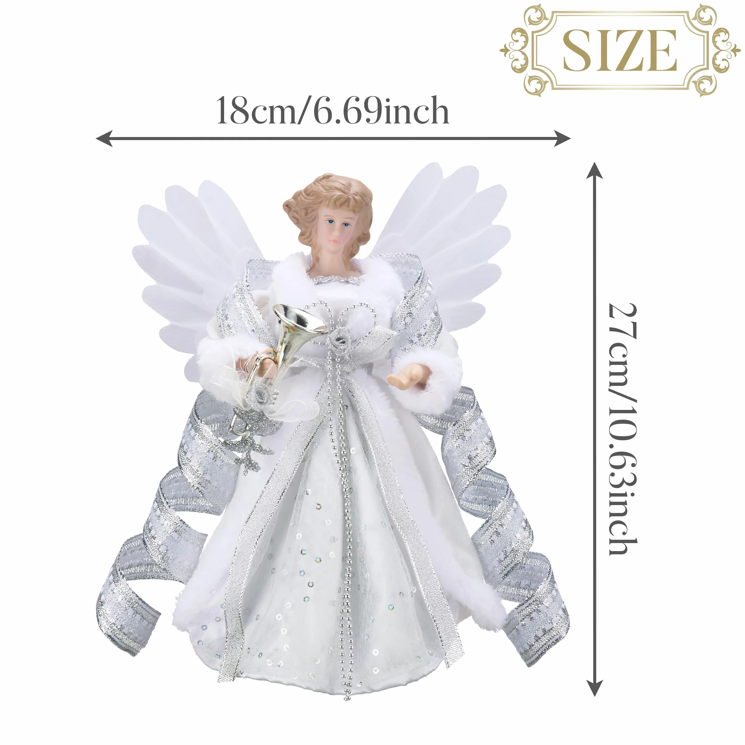 Valery Madelyn Ozdoba choinkowa z aniołem bożonarodzeniowym, srebrna i biała figurka z ciepłymi diodami LED, zasilana bateriami, do dekoracji choinki, 26 cm