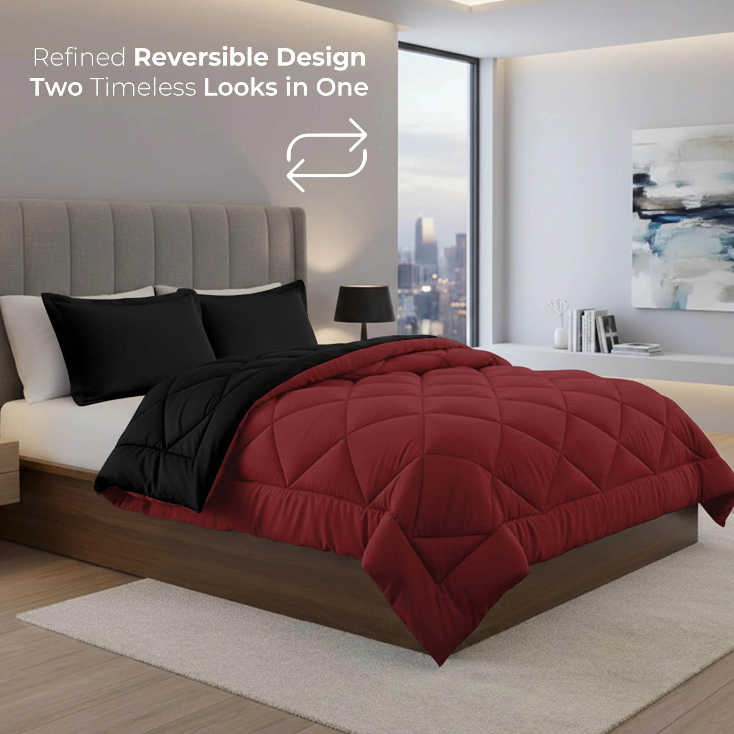 Elegant Comfort Oddychająca i super miękka całoroczna dwustronna kołdra z diamentowym pudełkiem, bawełna, czarny/bordowy, podwójny