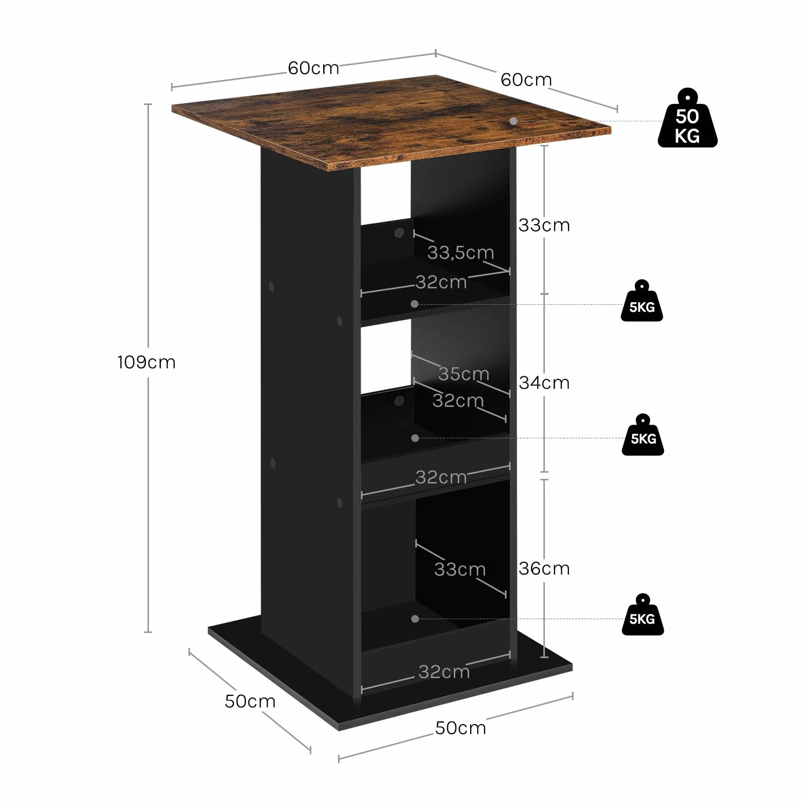 Stolik barowy bistro kwadratowy z 3 półkami wysokość 112 cm czarny rustykalny