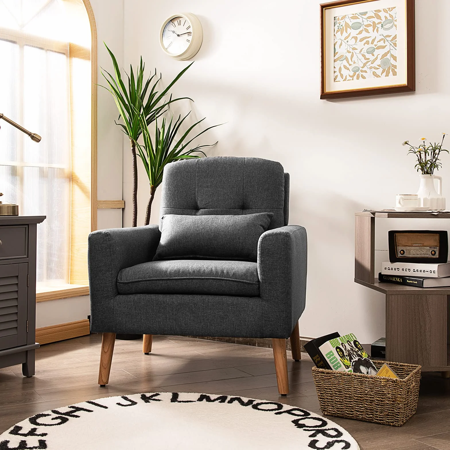 COSTWAY Fotel relaksacyjny z podłokietnikami i poduszką pod plecy, pojedyncza sofa tapicerowana, fotel telewizyjny, szary, fotel klubowy do salonu, sypialni i biura, JV10104GRDE
